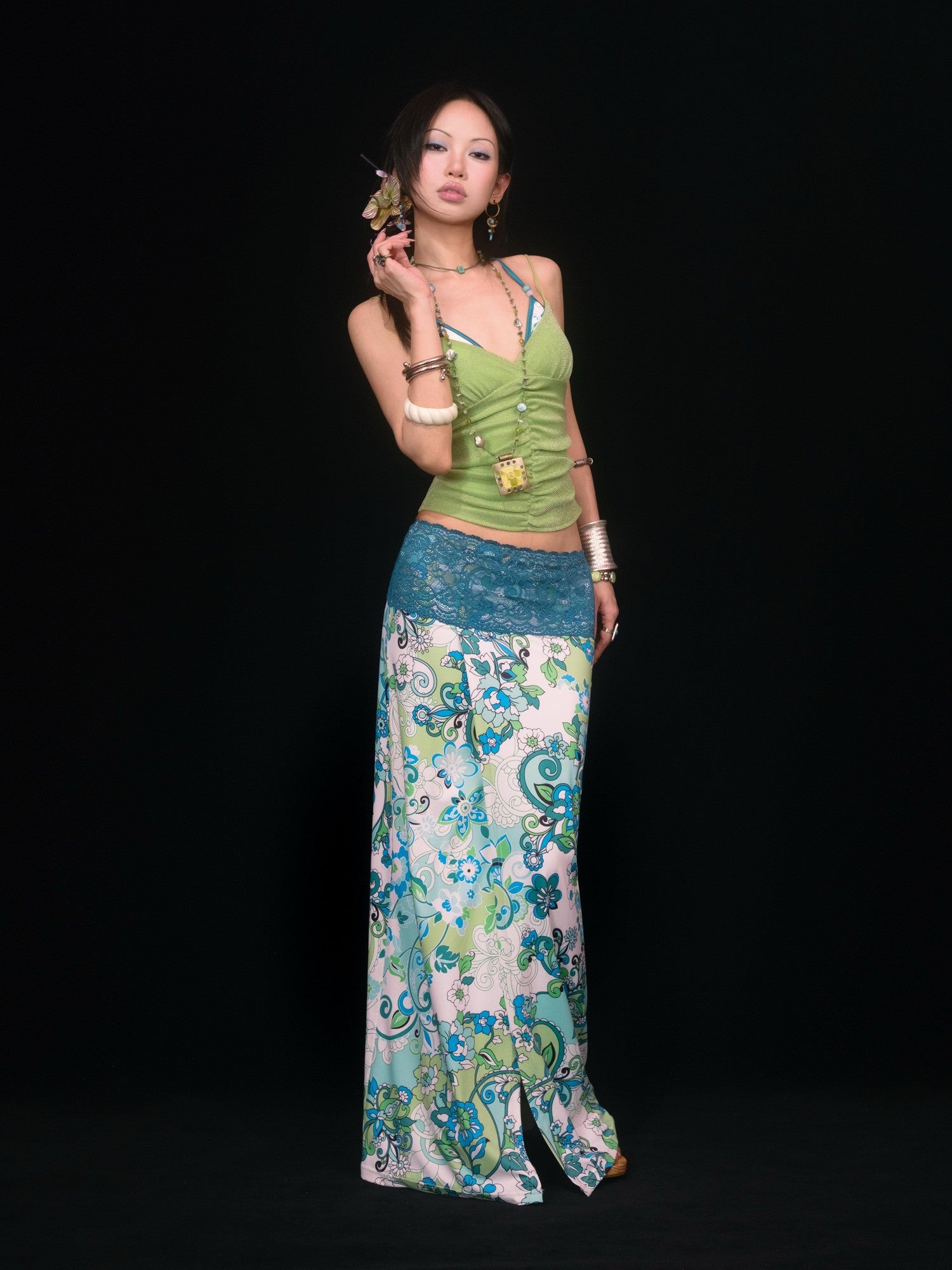 SCCREBEL Blue Green Paisley Print Tie Splice Front Slit Low Waist Women's Skirted Bikinis