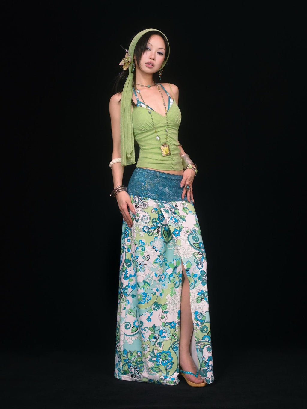 SCCREBEL Blue Green Paisley Print Tie Splice Front Slit Low Waist Women's Skirted Bikinis