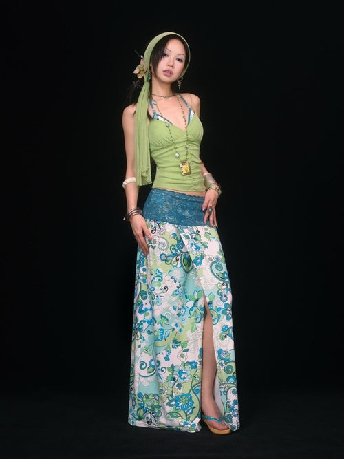 SCCREBEL Blue Green Paisley Print Tie Splice Front Slit Low Waist Women's Skirted Bikinis