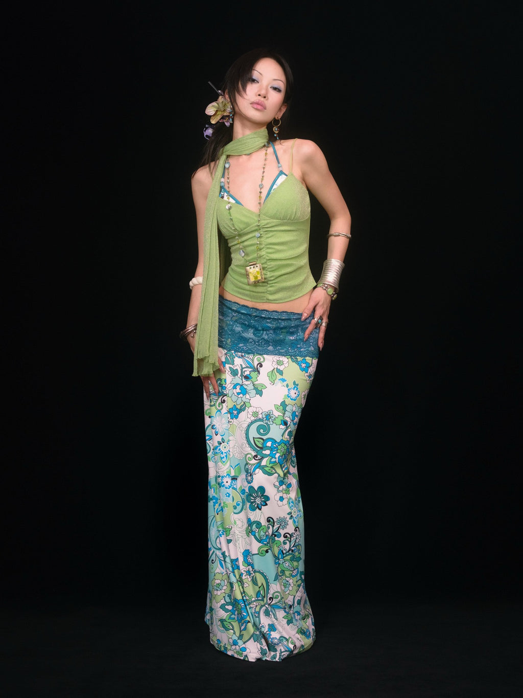 SCCREBEL Blue Green Paisley Print Tie Splice Front Slit Low Waist Women's Skirted Bikinis