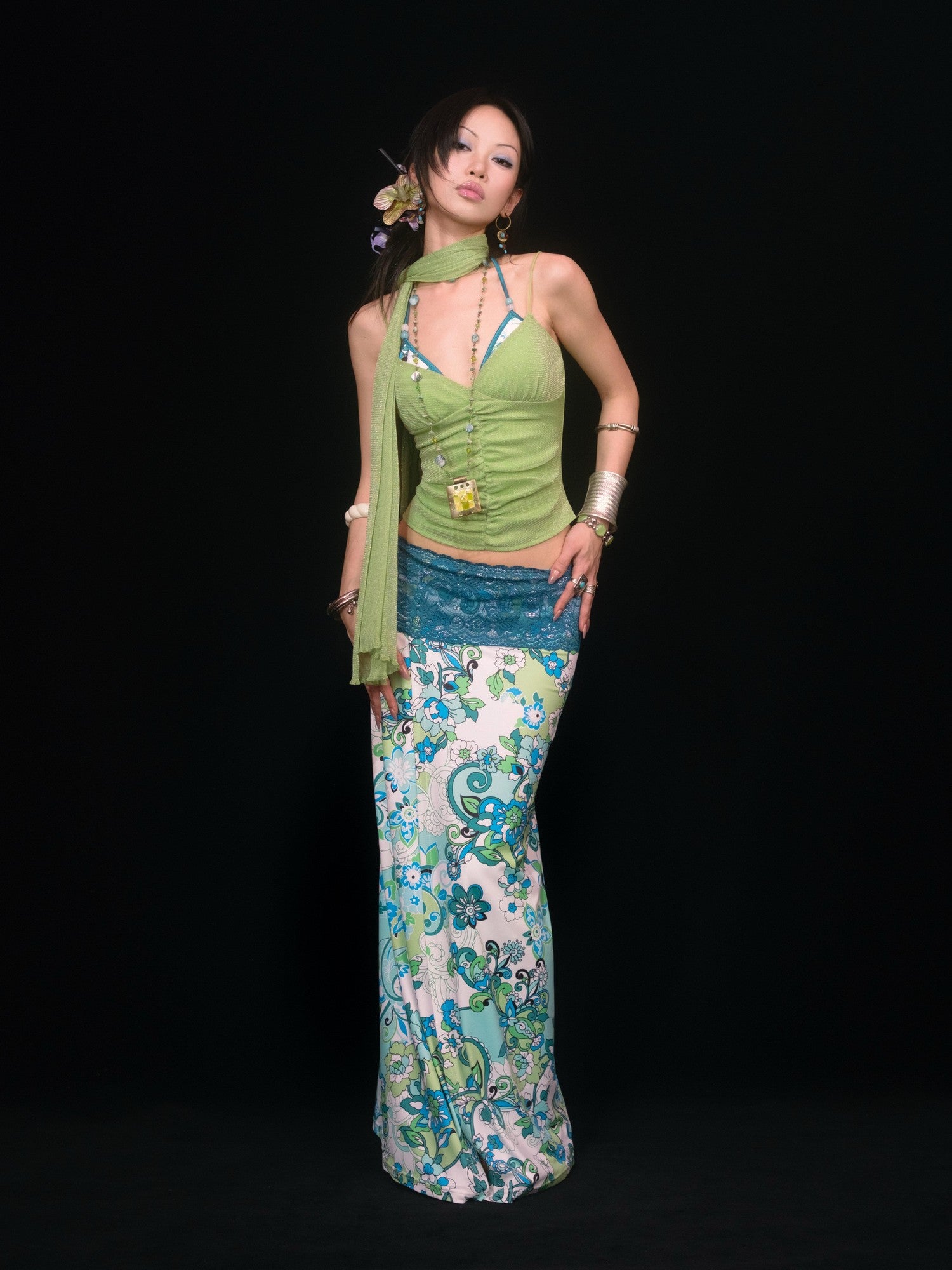 SCCREBEL Blue Green Paisley Print Tie Splice Front Slit Low Waist Women's Skirted Bikinis