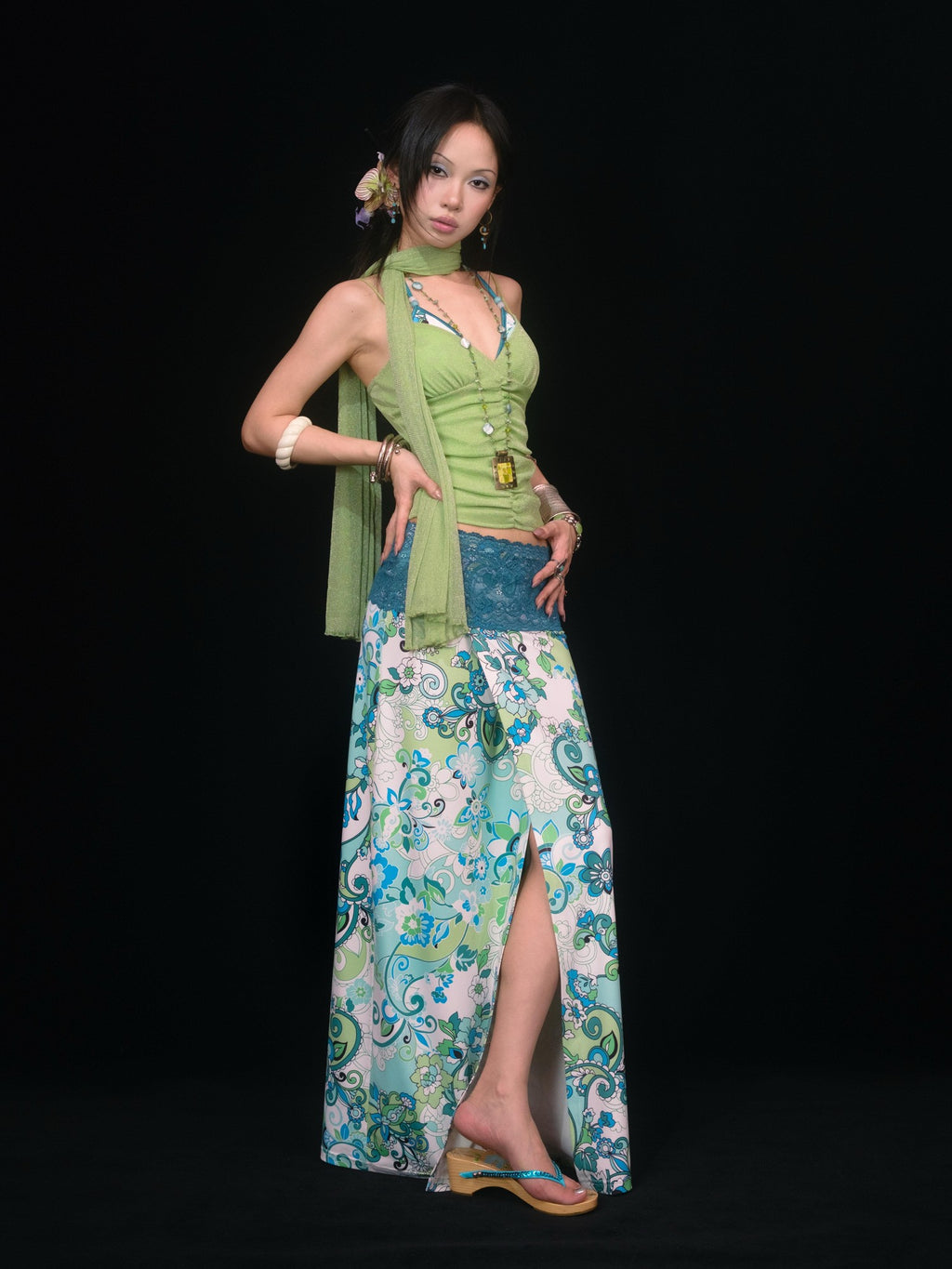 SCCREBEL Blue Green Paisley Print Tie Splice Front Slit Low Waist Women's Skirted Bikinis