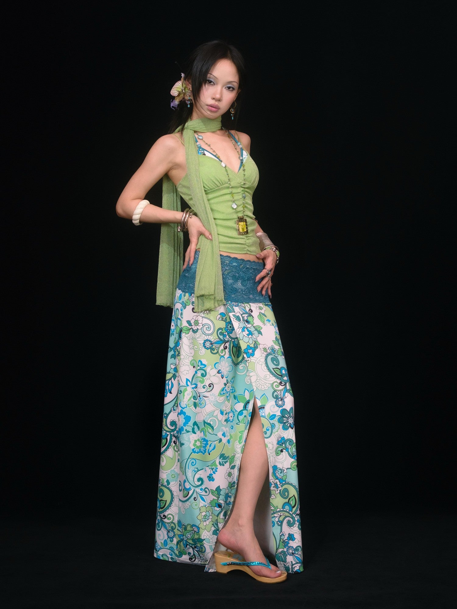 SCCREBEL Blue Green Paisley Print Tie Splice Front Slit Low Waist Women's Skirted Bikinis