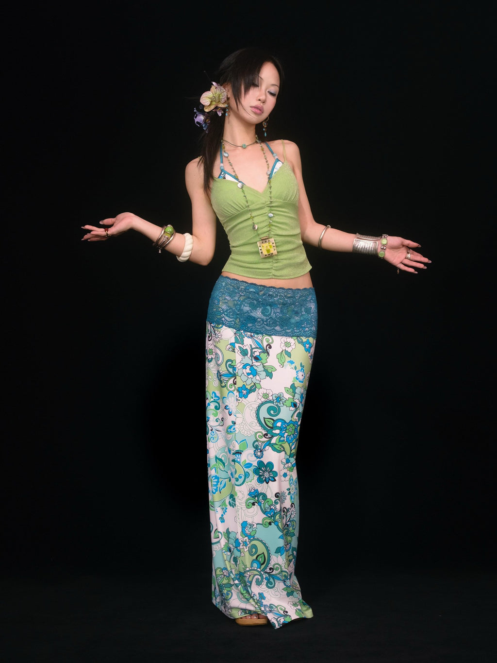SCCREBEL Blue Green Paisley Print Tie Splice Front Slit Low Waist Women's Skirted Bikinis