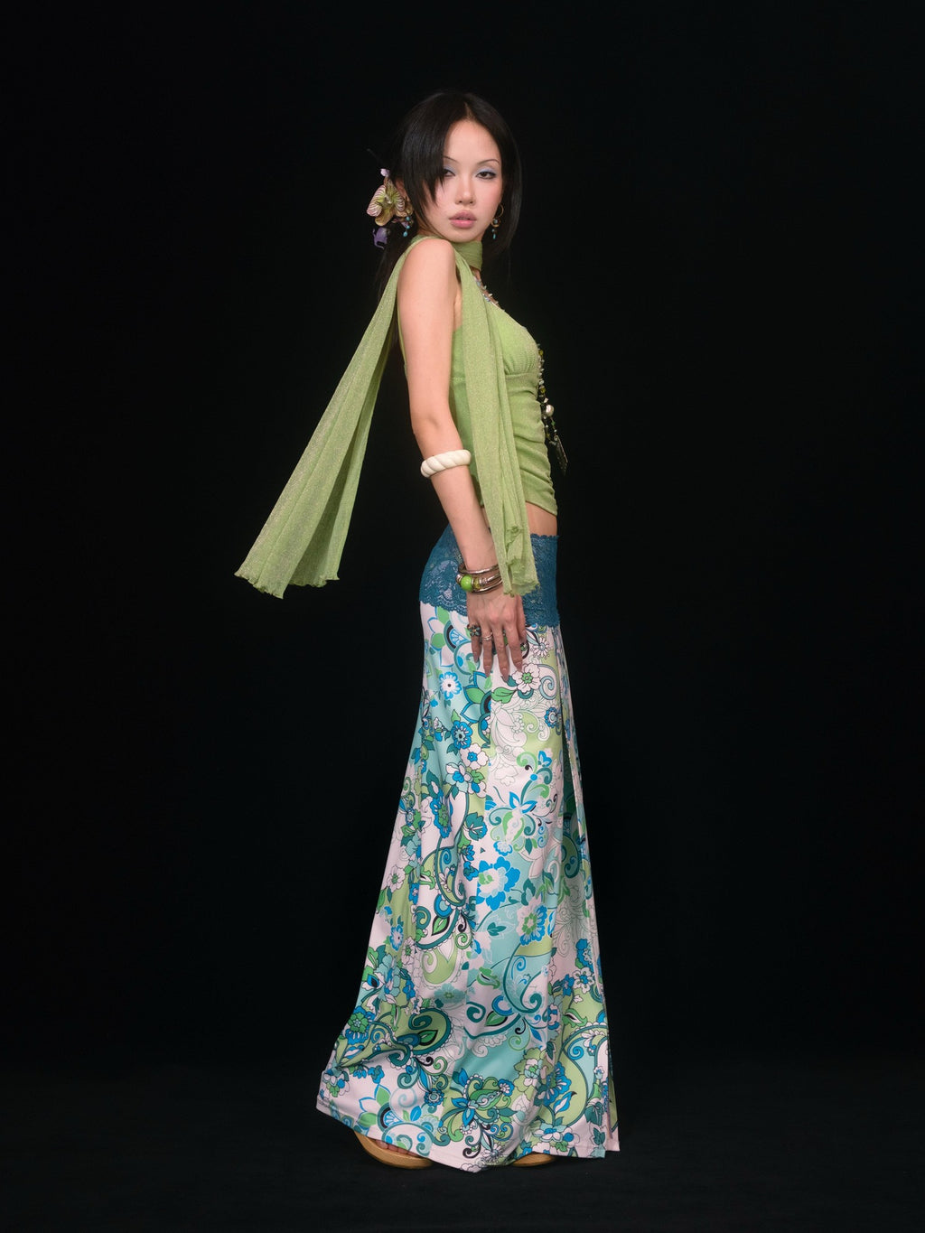 SCCREBEL Blue Green Paisley Print Tie Splice Front Slit Low Waist Women's Skirted Bikinis