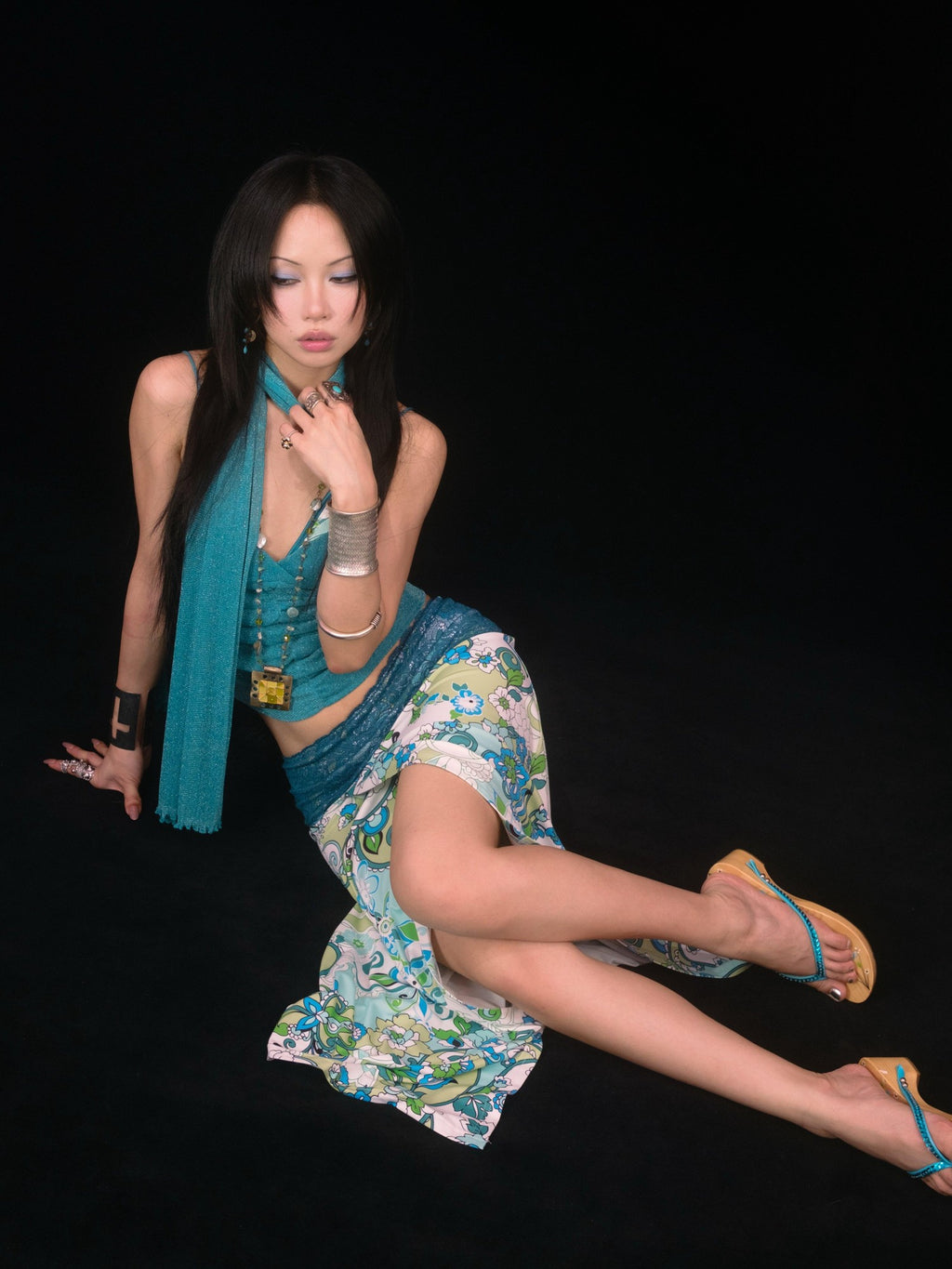 SCCREBEL Blue Green Paisley Print Tie Splice Front Slit Low Waist Women's Skirted Bikinis