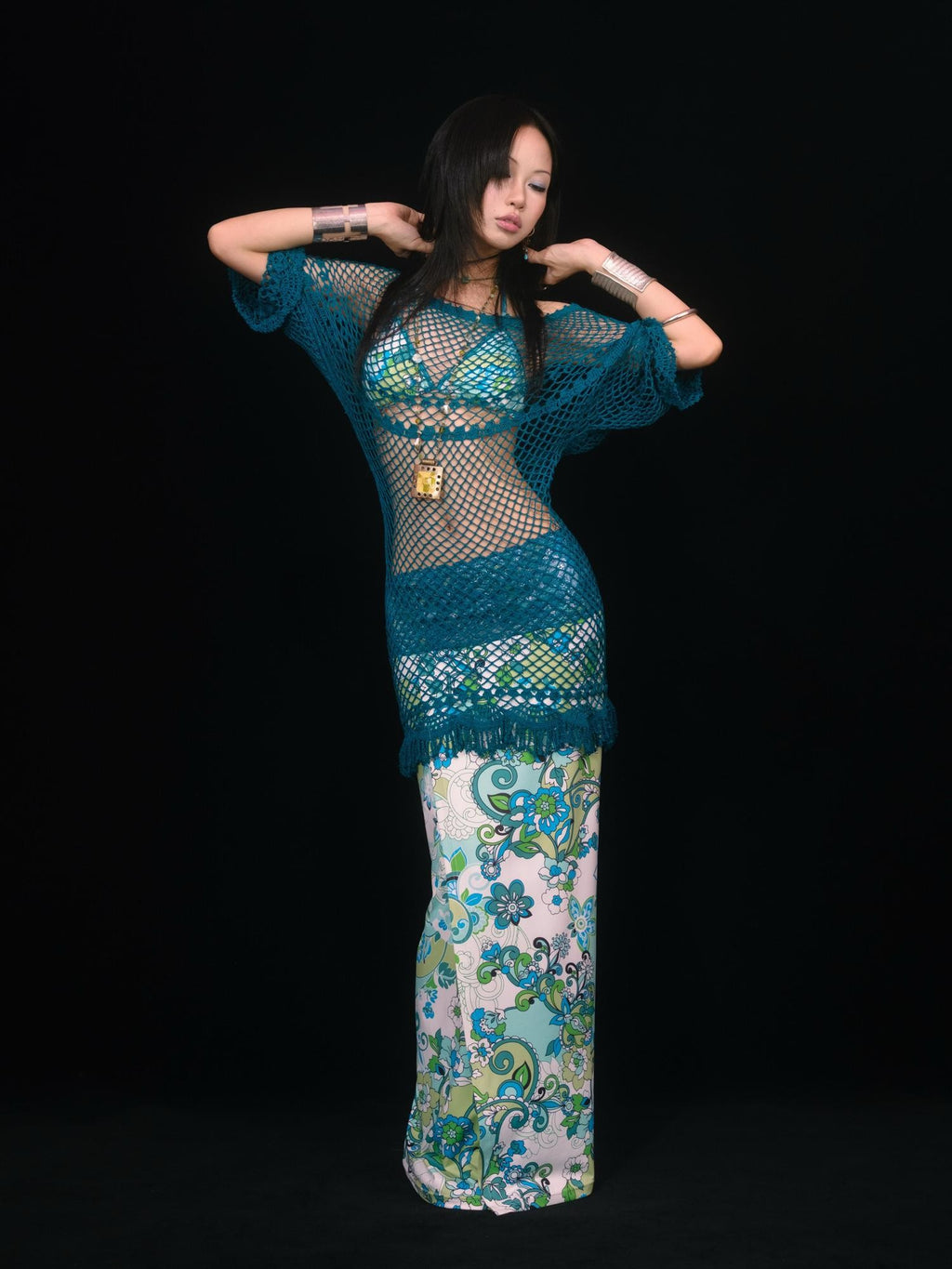 SCCREBEL Blue Green Paisley Print Tie Splice Front Slit Low Waist Women's Skirted Bikinis