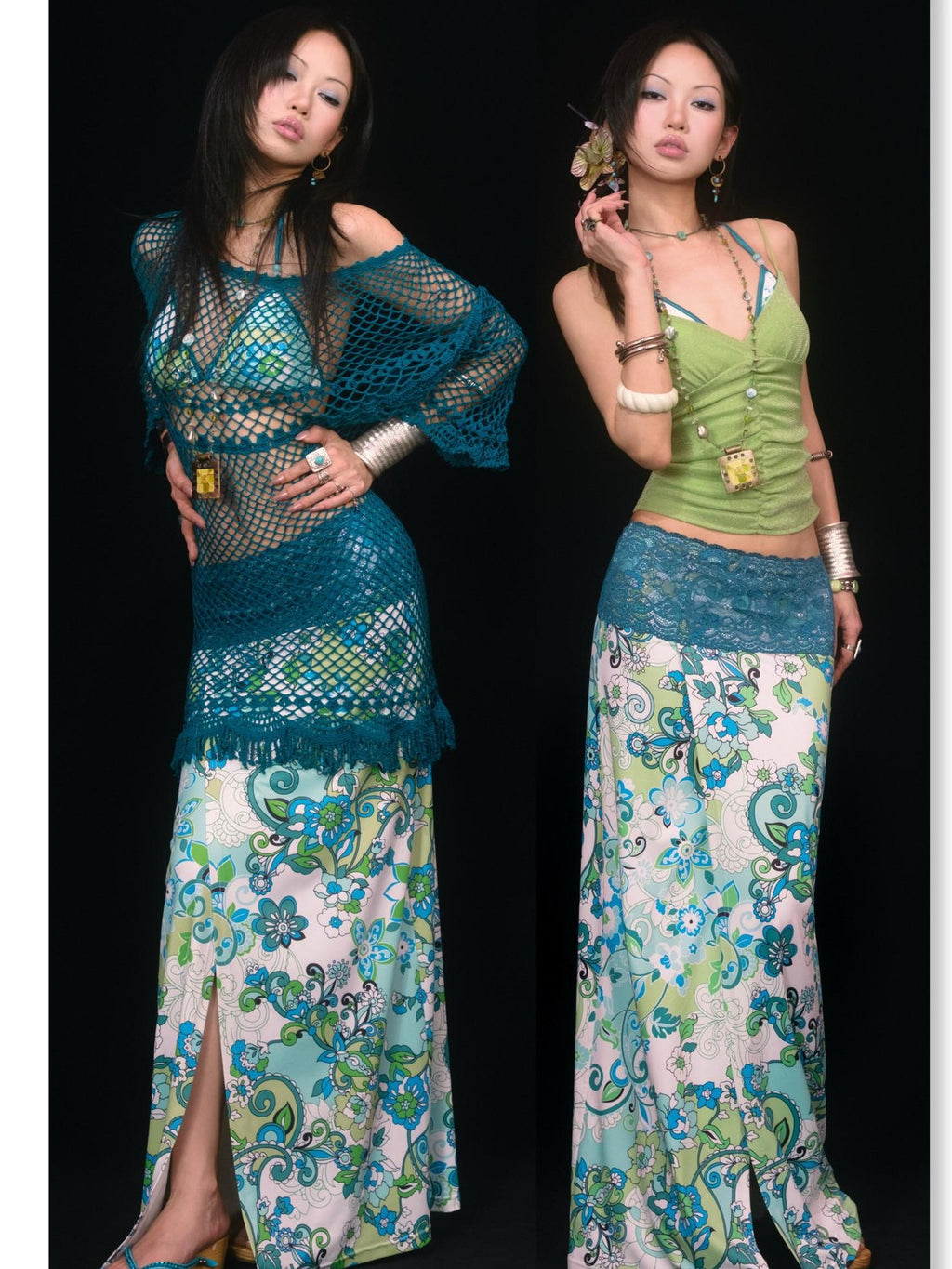 SCCREBEL Blue Green Paisley Print Tie Splice Front Slit Low Waist Women's Skirted Bikinis