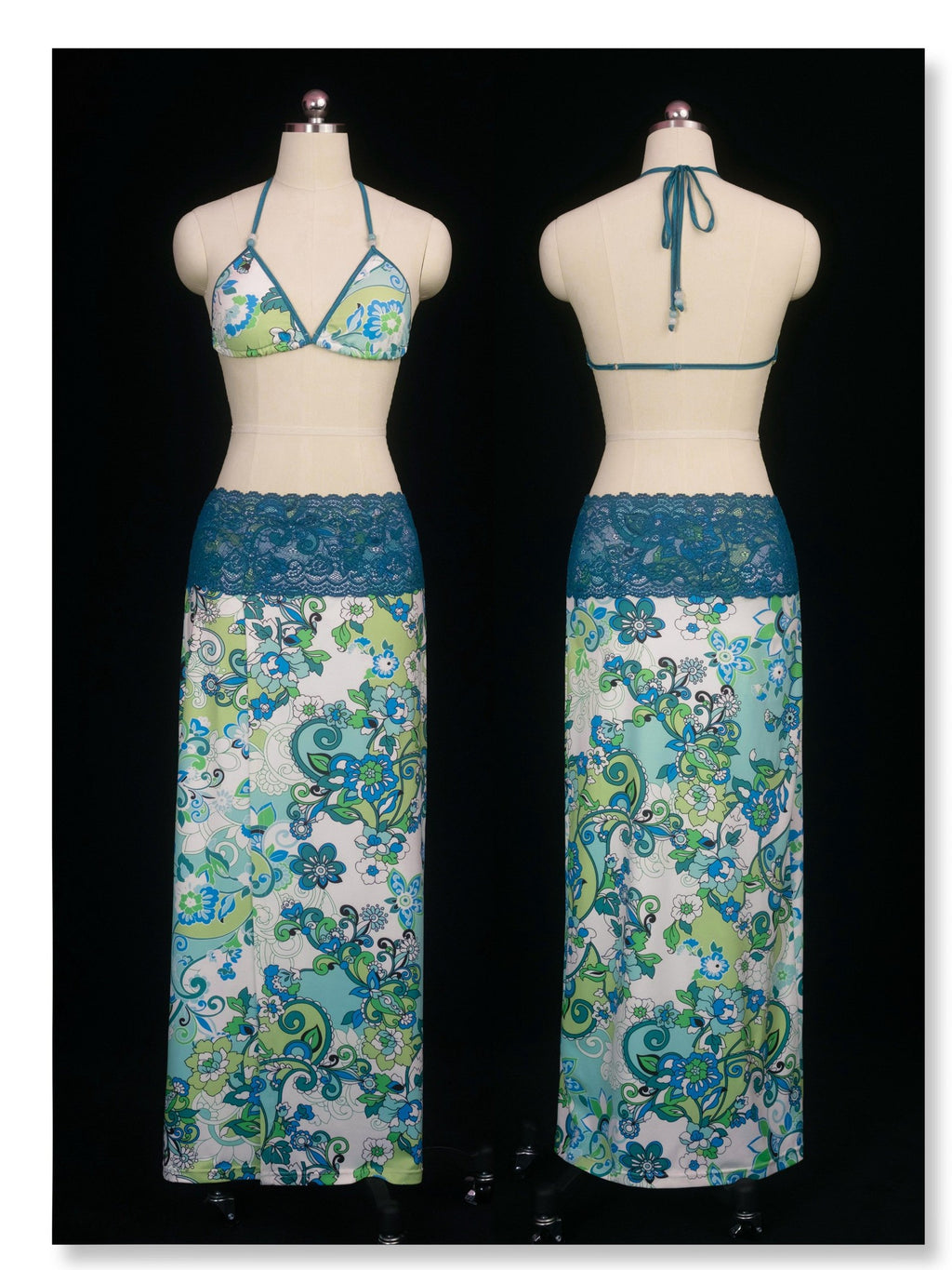 SCCREBEL Blue Green Paisley Print Tie Splice Front Slit Low Waist Women's Skirted Bikinis