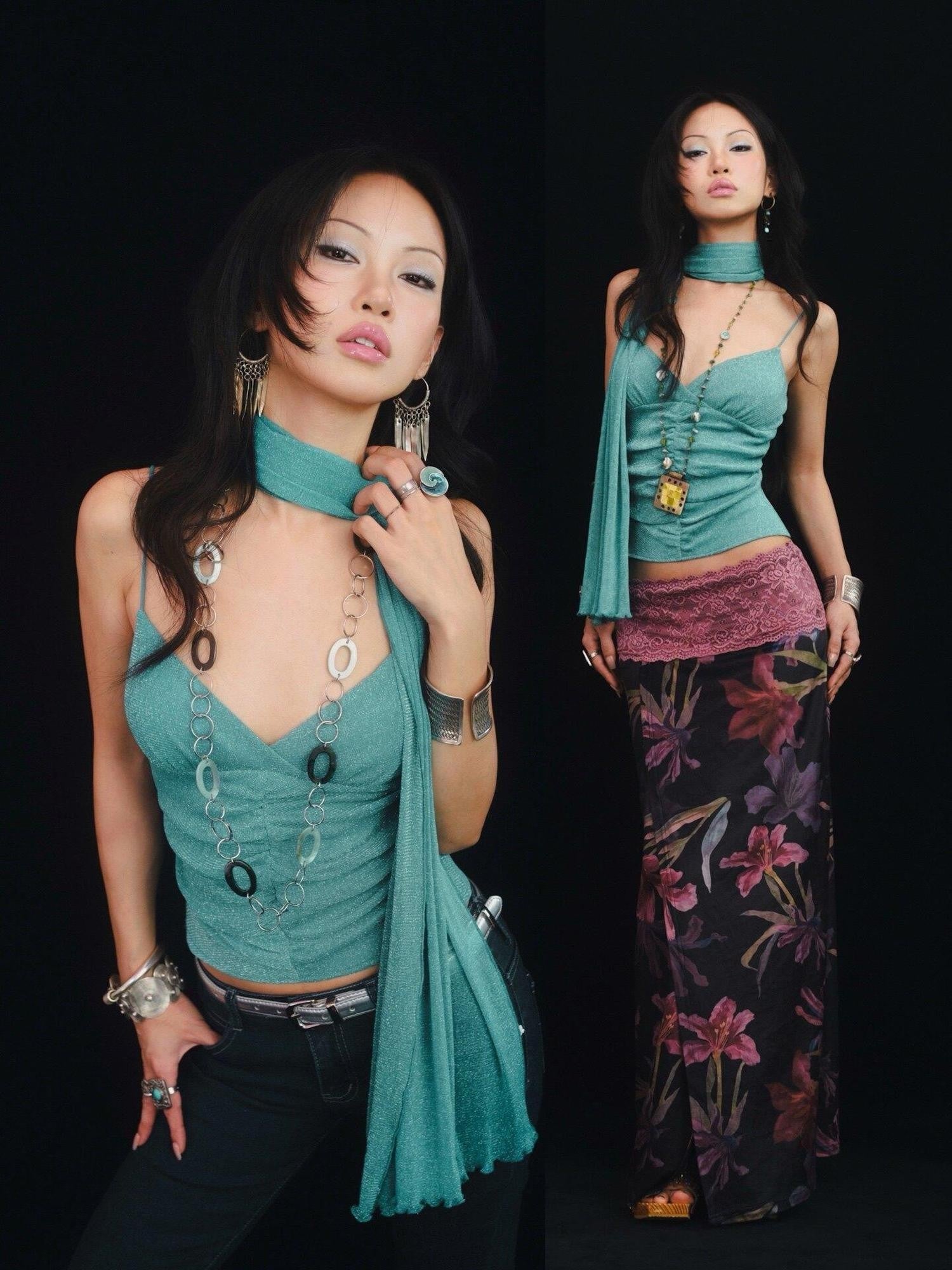 SCCREBEL Blue Green Shimmer Vintage East Asian Women's Metallic Thread Camisoles