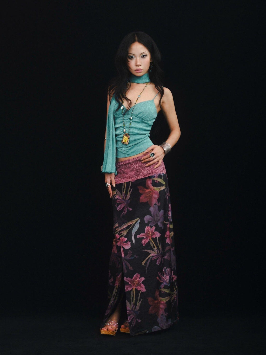 SCCREBEL Blue Green Shimmer Vintage East Asian Women's Metallic Thread Camisoles
