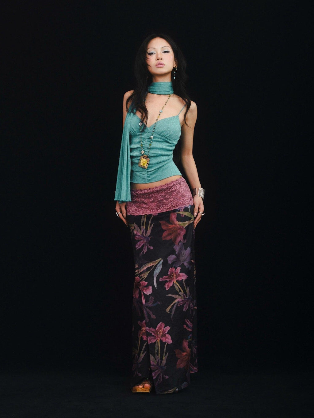 SCCREBEL Blue Green Shimmer Vintage East Asian Women's Metallic Thread Camisoles
