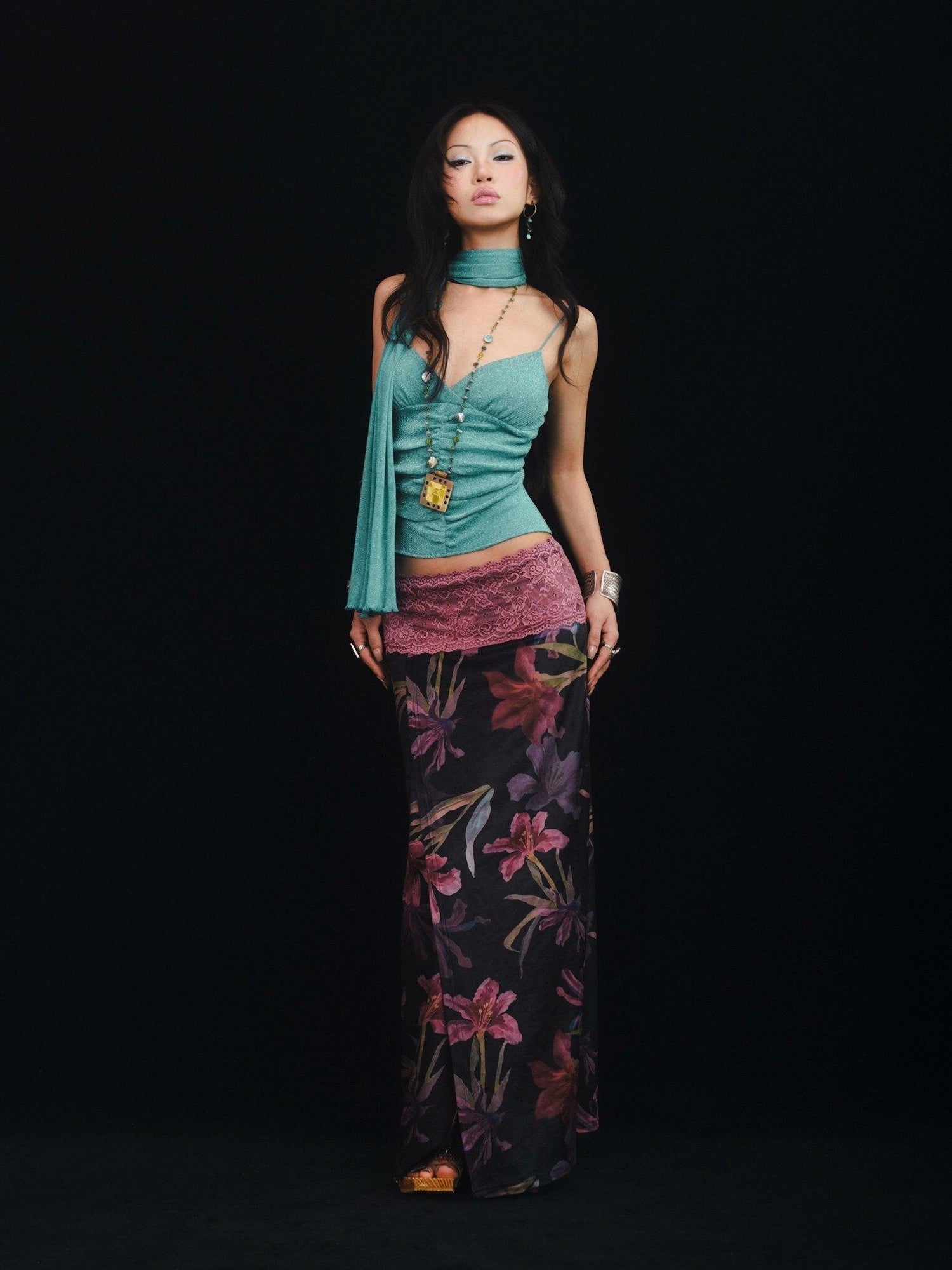 SCCREBEL Blue Green Shimmer Vintage East Asian Women's Metallic Thread Camisoles
