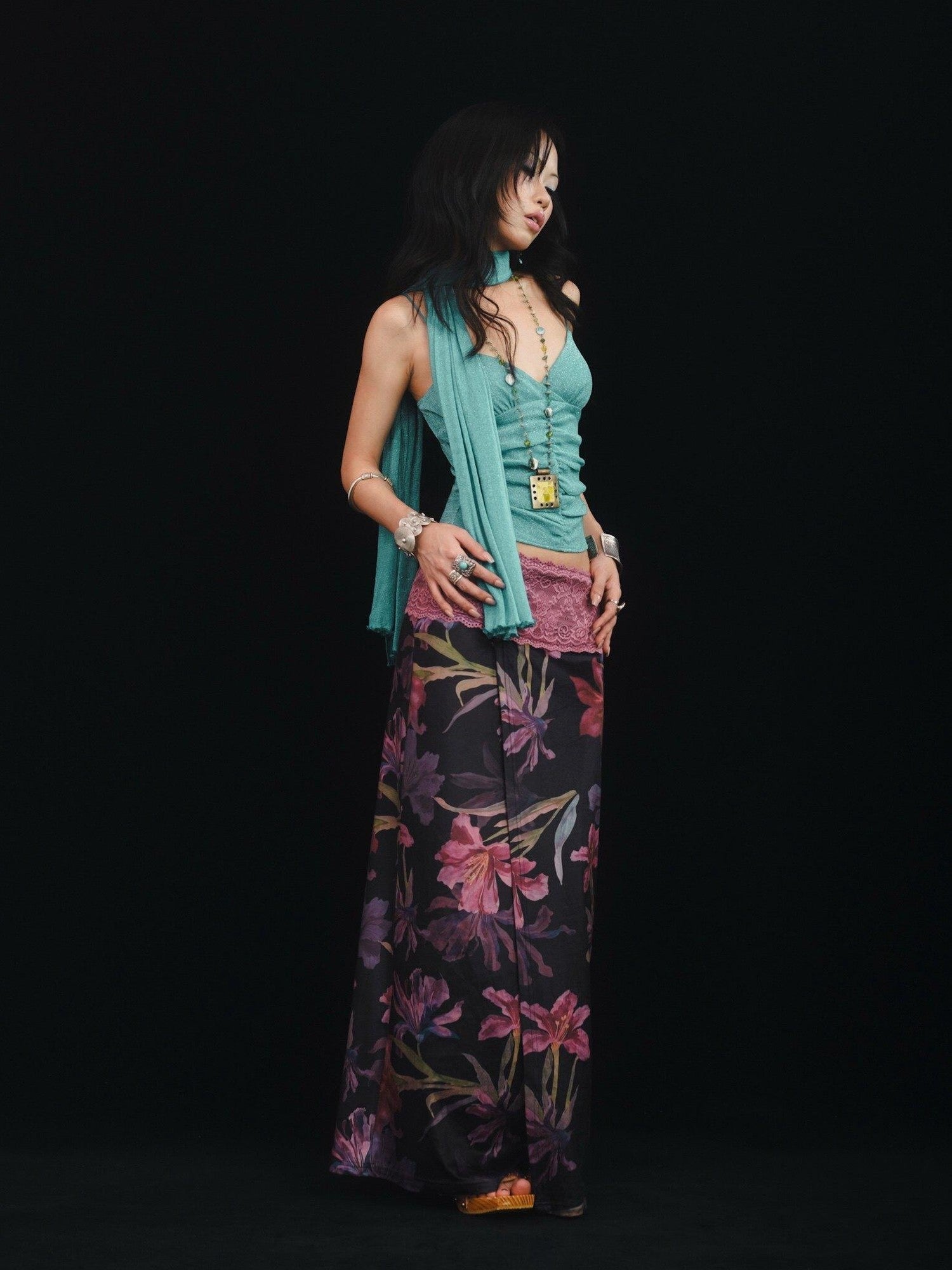 SCCREBEL Blue Green Shimmer Vintage East Asian Women's Metallic Thread Camisoles