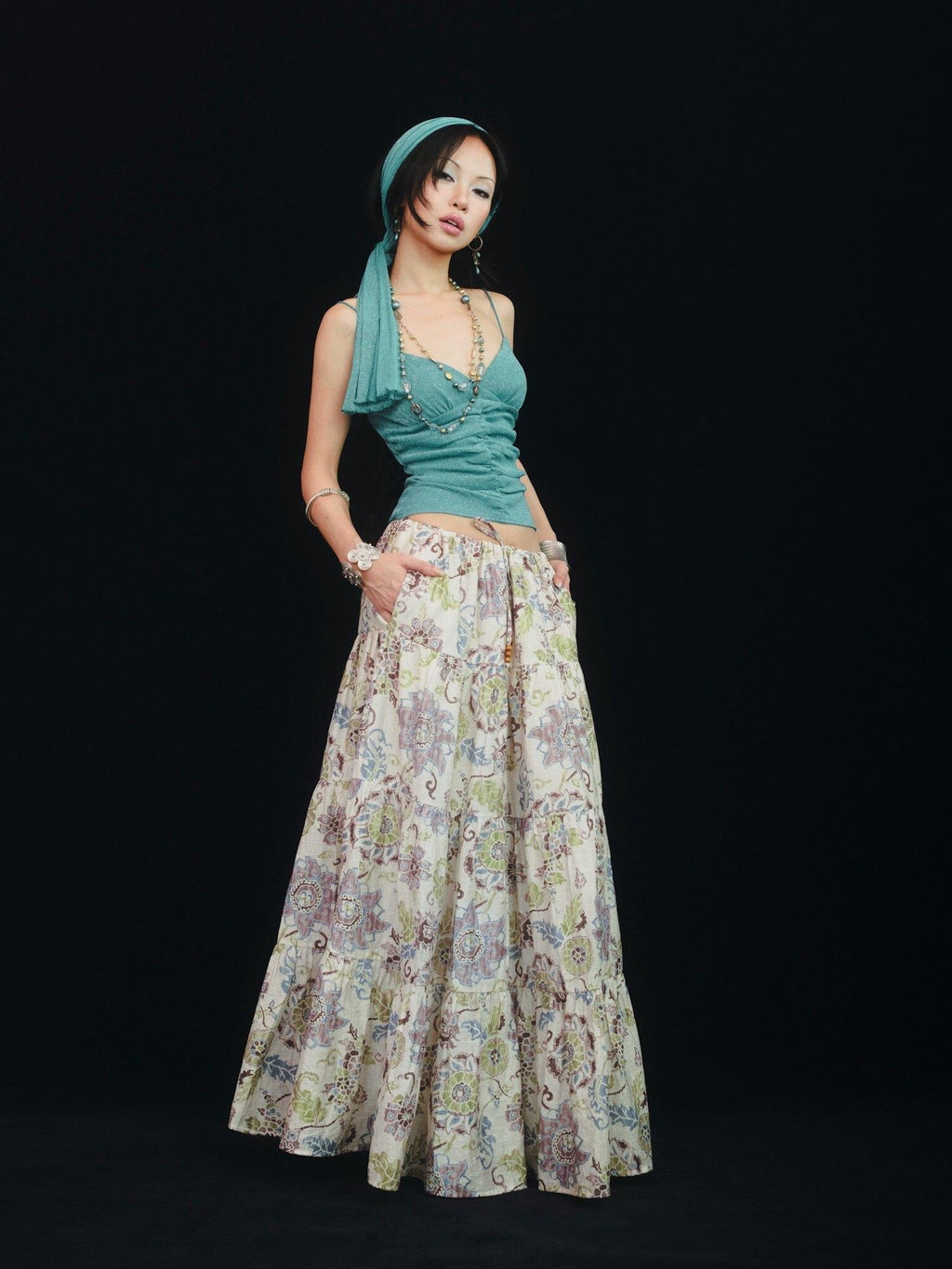 SCCREBEL Blue Green Shimmer Vintage East Asian Women's Metallic Thread Camisoles