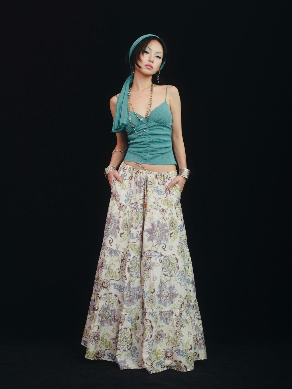 SCCREBEL Blue Green Shimmer Vintage East Asian Women's Metallic Thread Camisoles