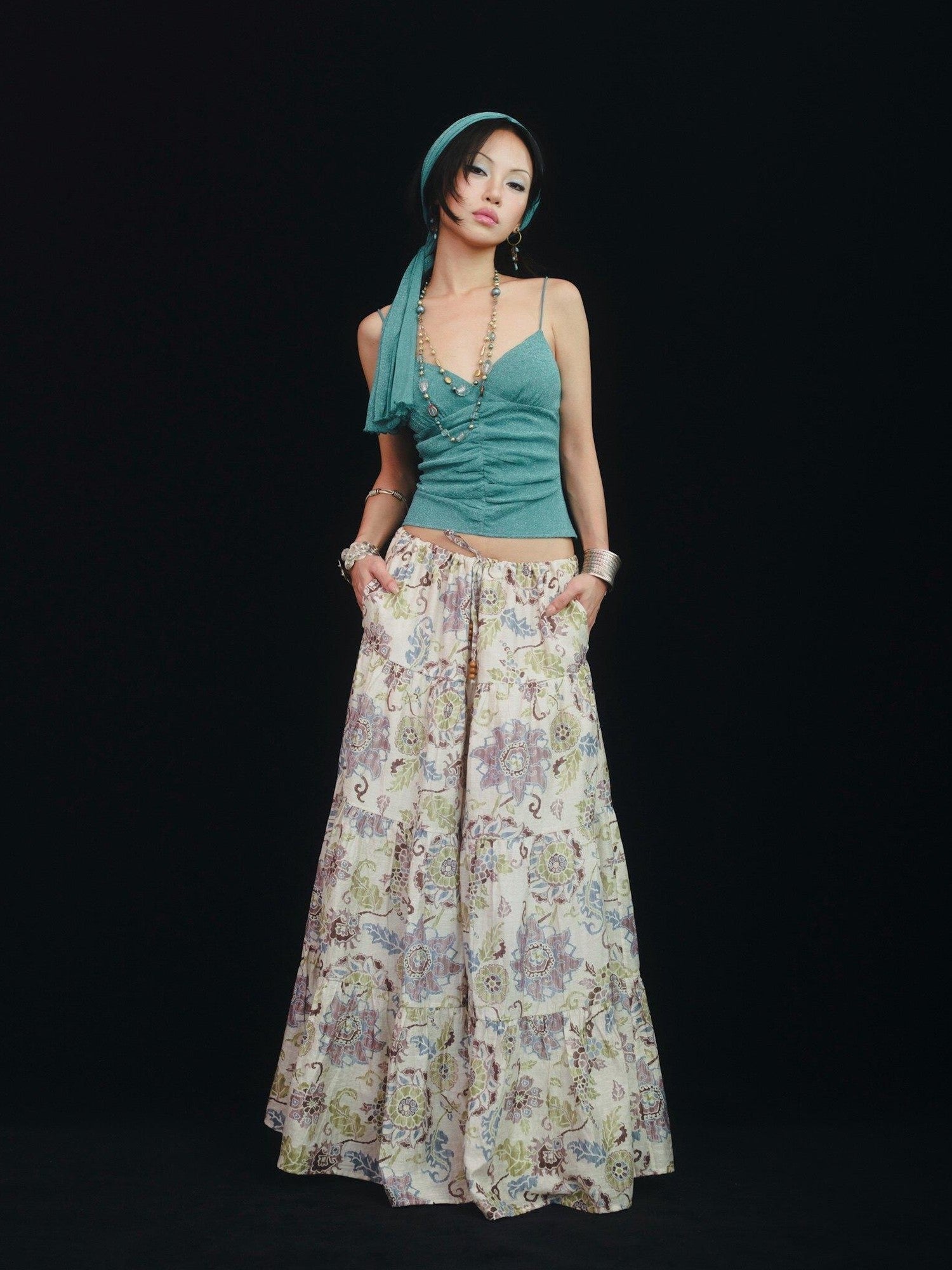SCCREBEL Blue Green Shimmer Vintage East Asian Women's Metallic Thread Camisoles