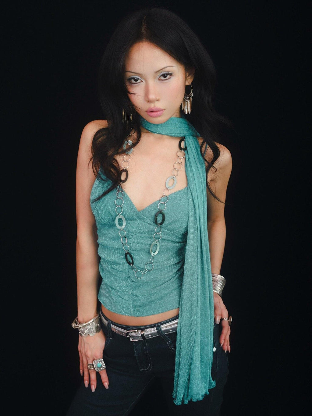 SCCREBEL Blue Green Shimmer Vintage East Asian Women's Metallic Thread Camisoles