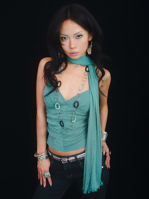 SCCREBEL Blue Green Shimmer Vintage East Asian Women's Metallic Thread Camisoles