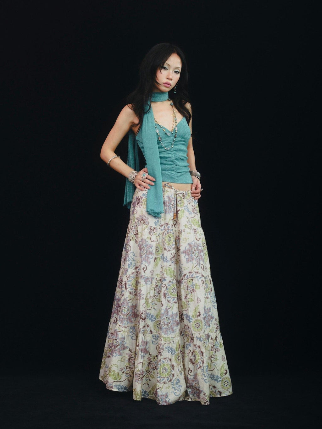 SCCREBEL Blue Green Shimmer Vintage East Asian Women's Metallic Thread Camisoles