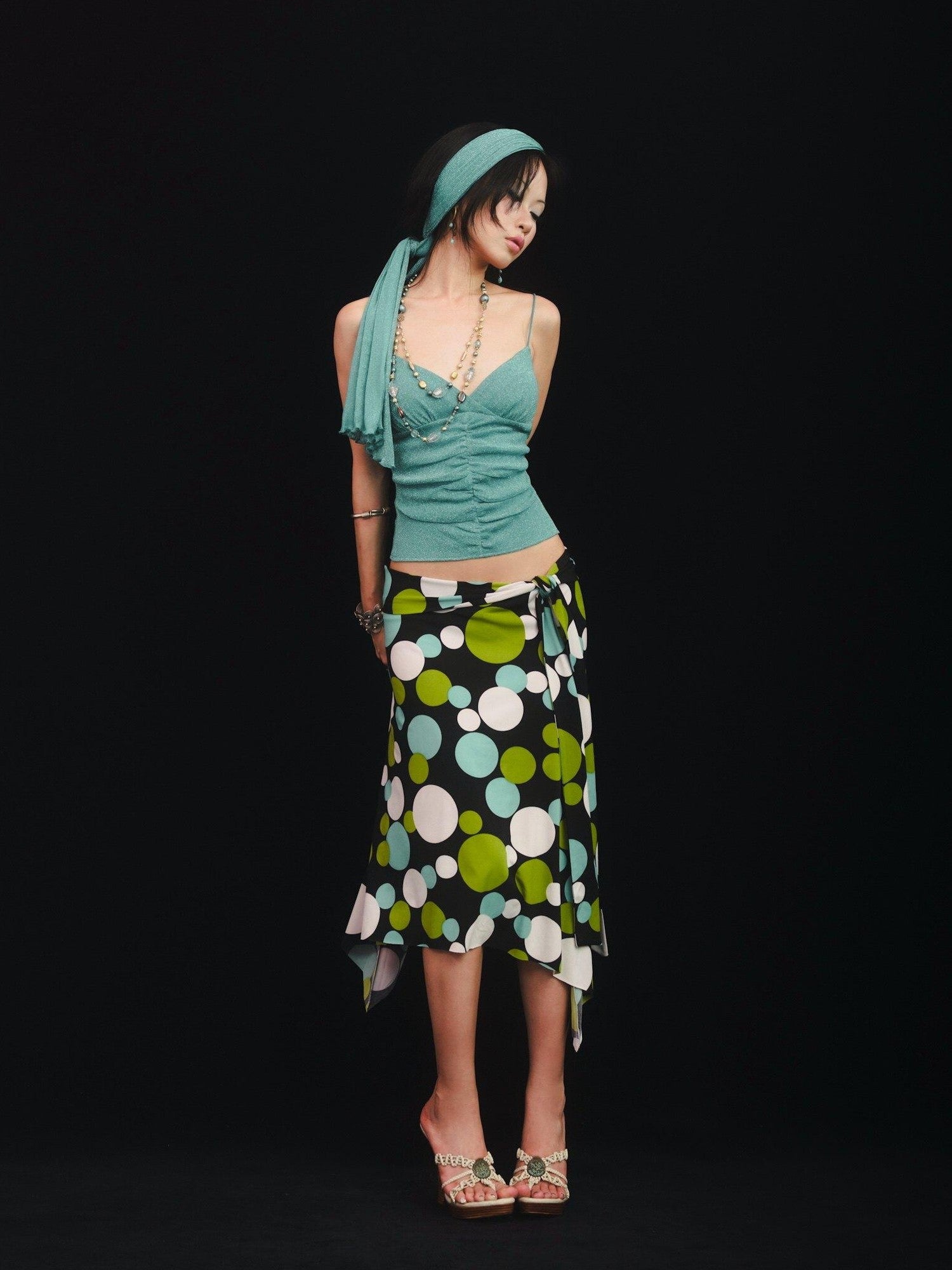 SCCREBEL Blue Green Shimmer Vintage East Asian Women's Metallic Thread Camisoles