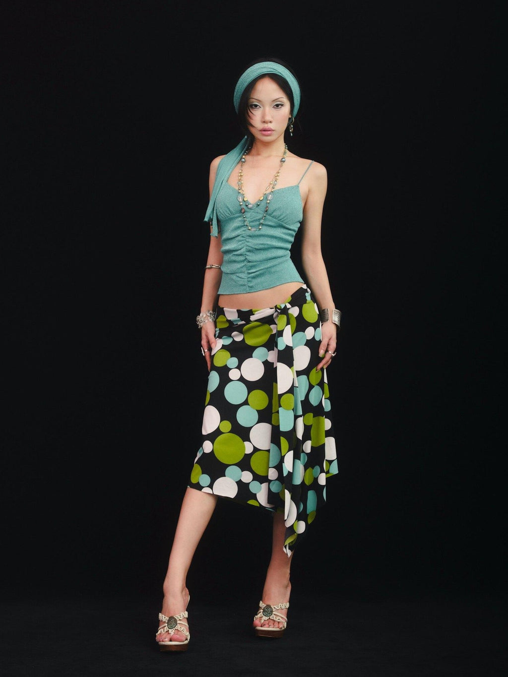 SCCREBEL Blue Green Shimmer Vintage East Asian Women's Metallic Thread Camisoles