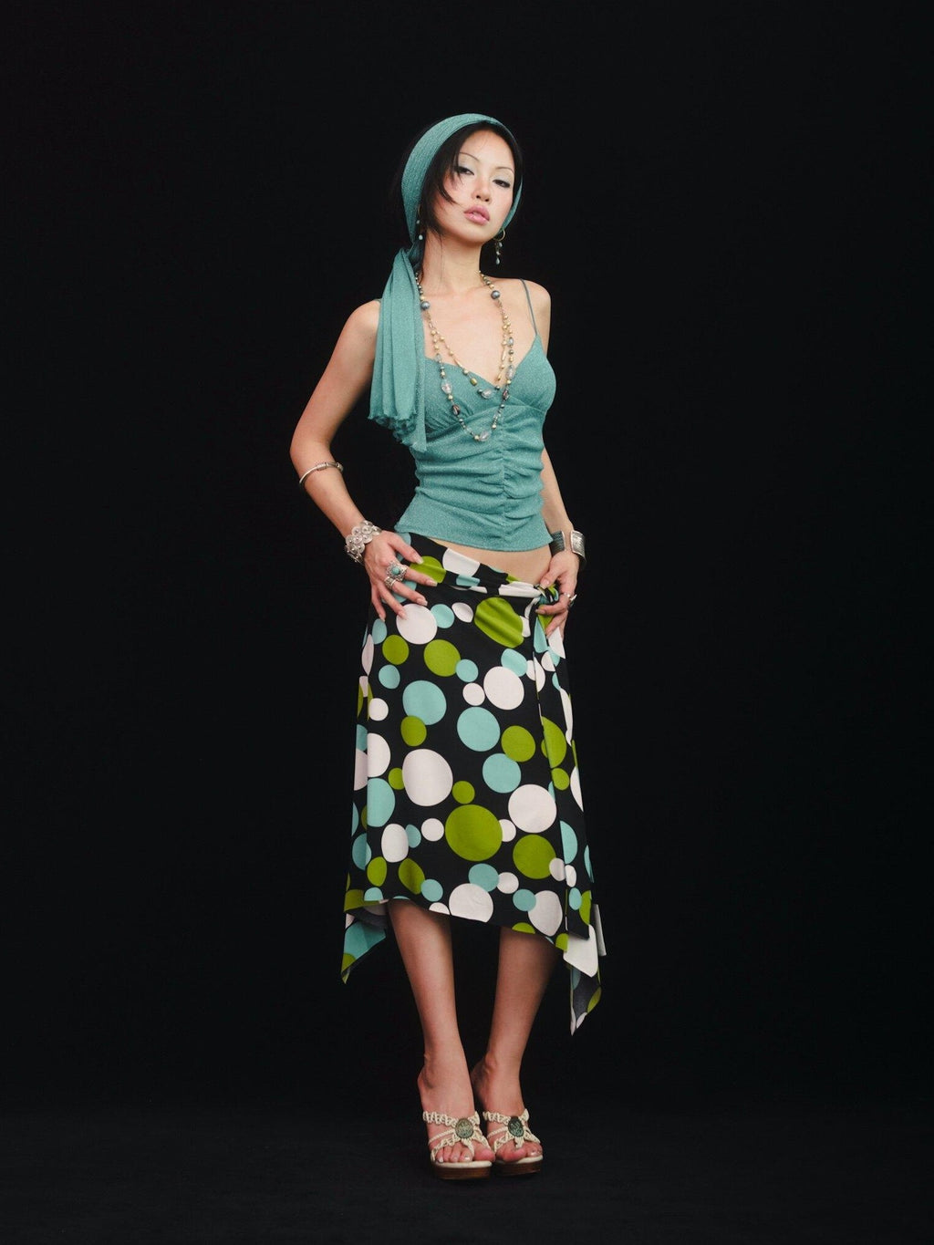 SCCREBEL Blue Green Shimmer Vintage East Asian Women's Metallic Thread Camisoles