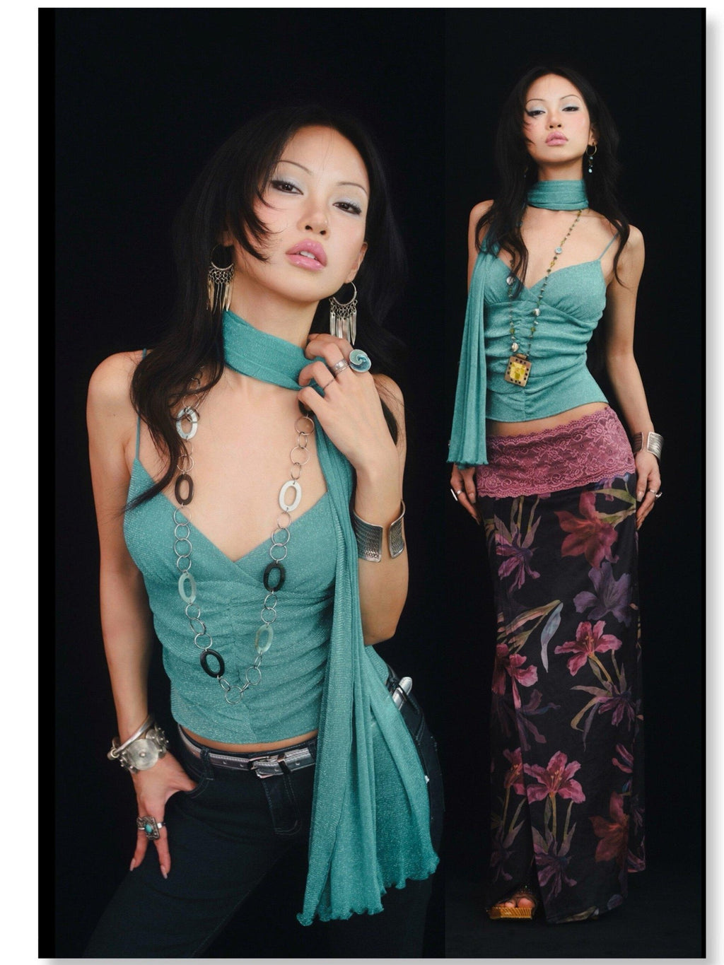 SCCREBEL Blue Green Shimmer Vintage East Asian Women's Metallic Thread Camisoles