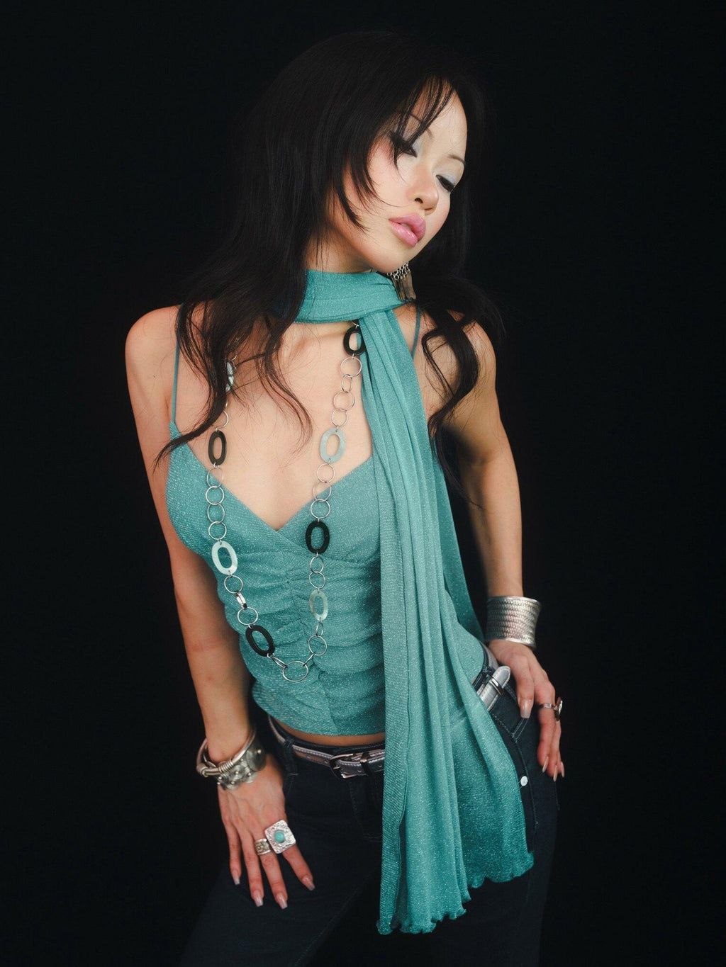SCCREBEL Blue Green Shimmer Vintage East Asian Women's Metallic Thread Camisoles