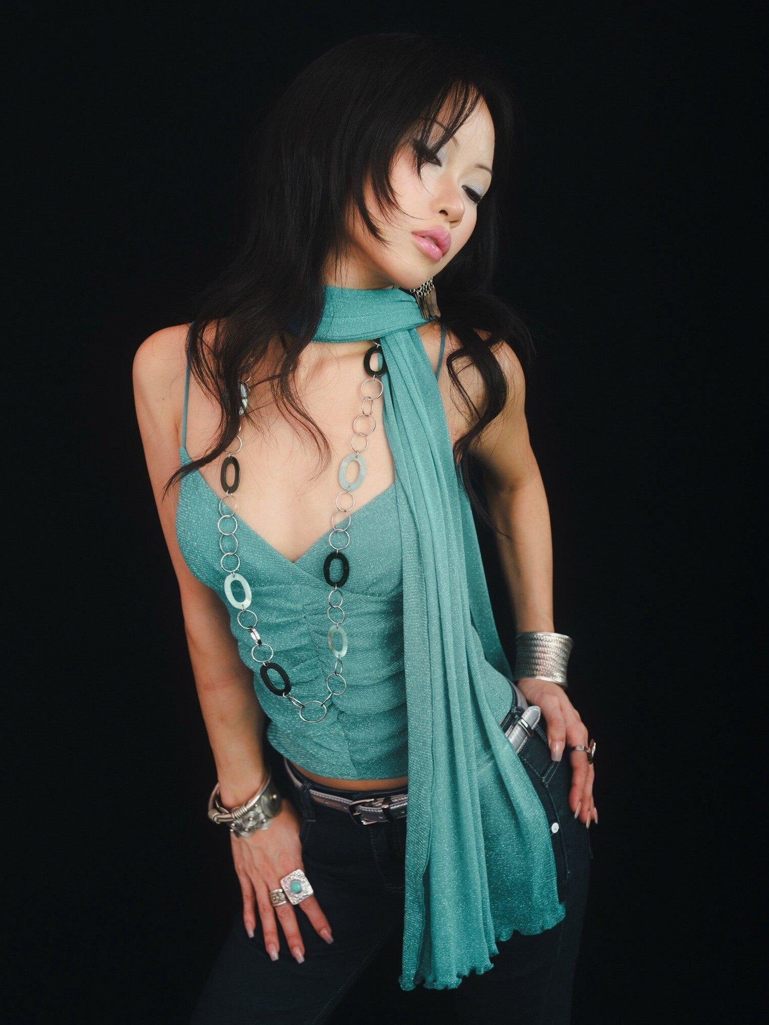 SCCREBEL Blue Green Shimmer Vintage East Asian Women's Metallic Thread Camisoles