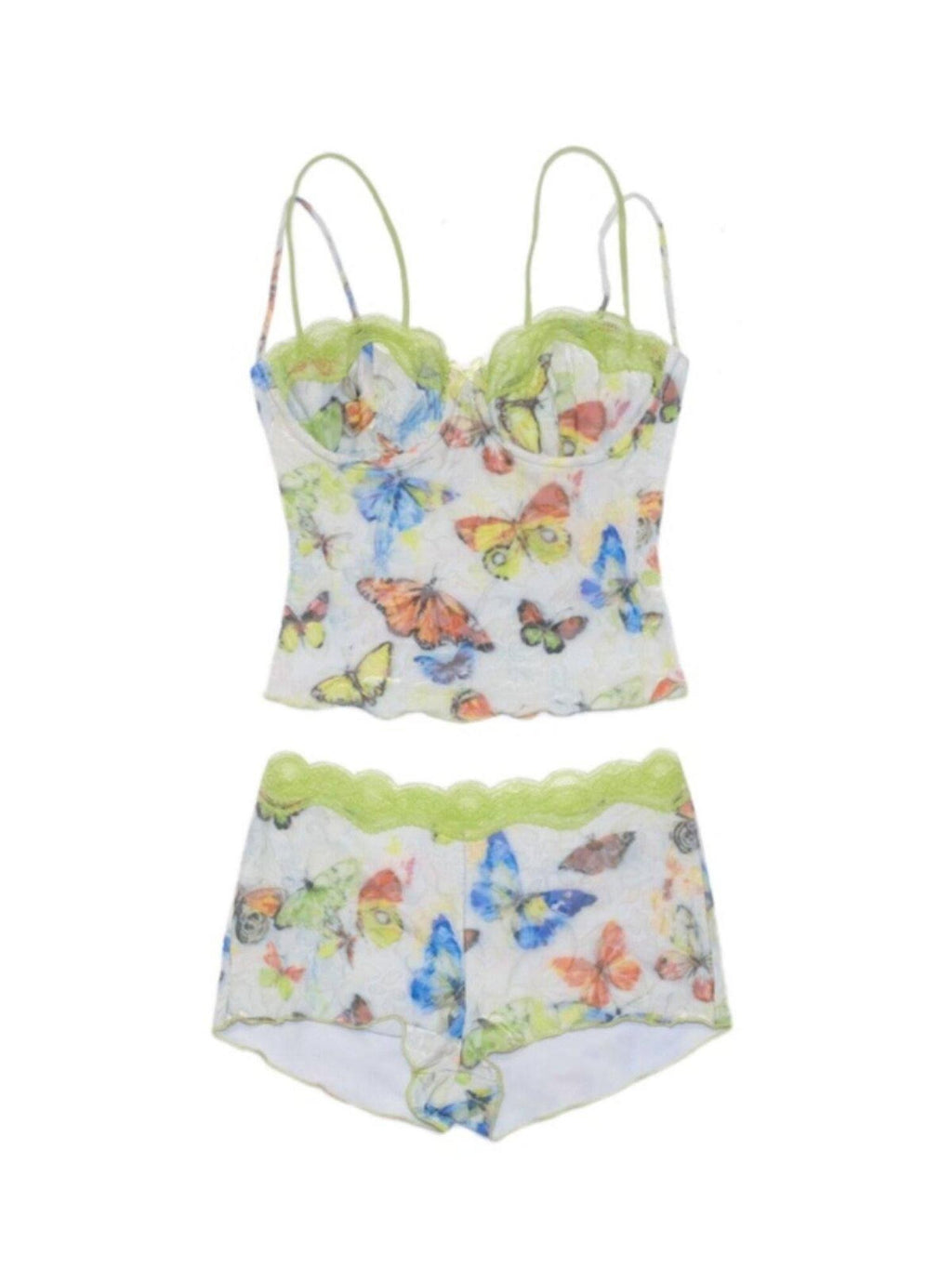 SCCREBEL Butterfly Print Lace Trim Underwire Women's Velvet Skirted Bikinis