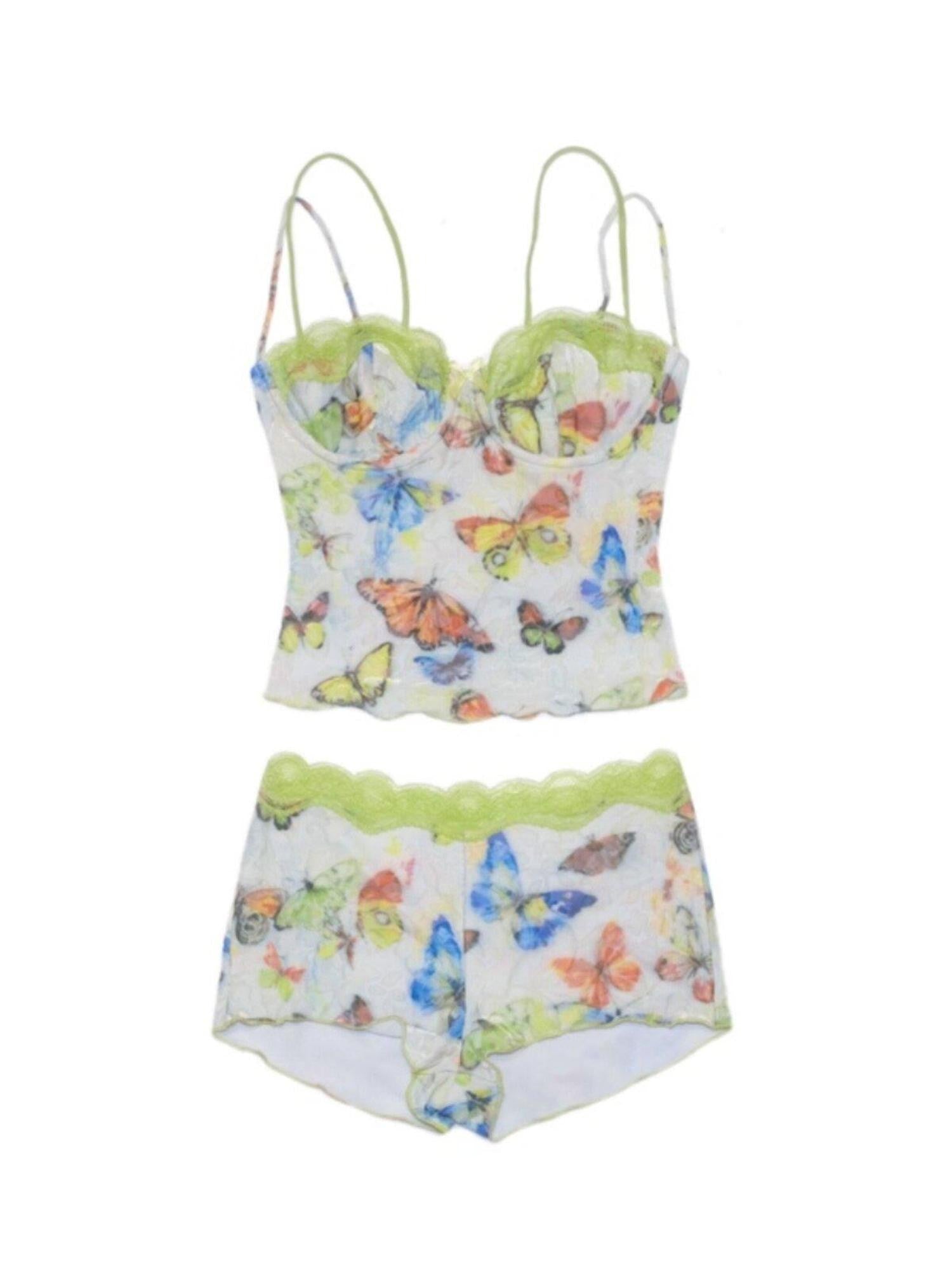 SCCREBEL Butterfly Print Lace Trim Underwire Women's Velvet Skirted Bikinis