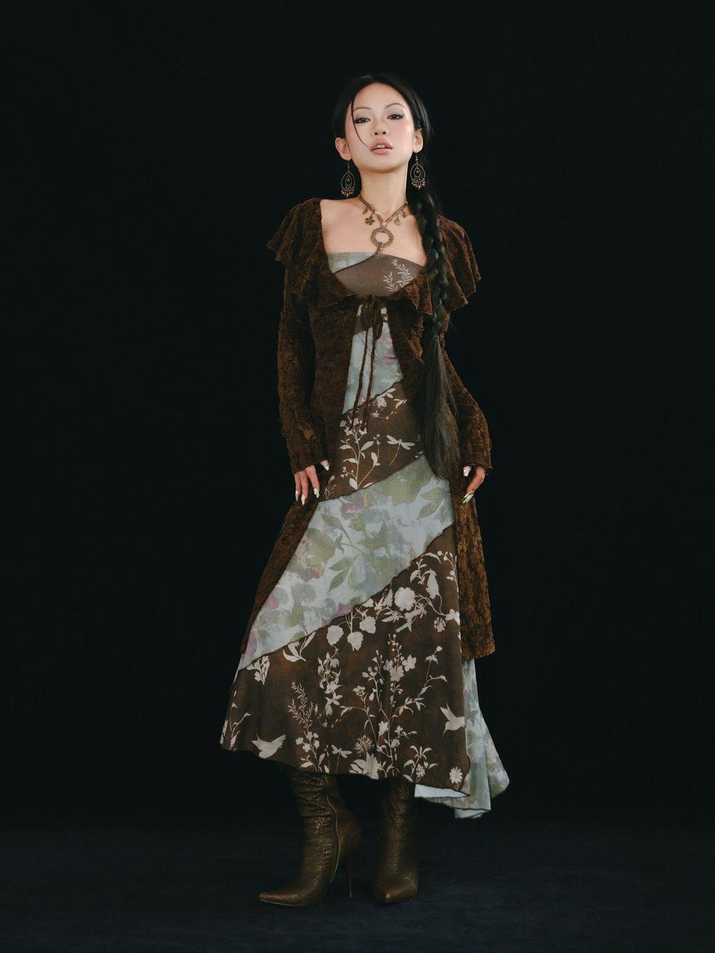 SCCREBEL Coffee Brushed Lace Cutout Ruffle Vintage Slim Fit Women's Polyester Cardigans
