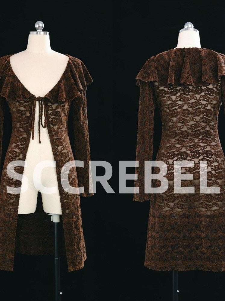 SCCREBEL Coffee Brushed Lace Cutout Ruffle Vintage Slim Fit Women's Polyester Cardigans