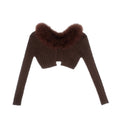 SCCREBEL_Deep_Brown_Fur_Collar_Patchwork_Cropped_Slim_Fit_Women's_Polyester_Cardigans_739327863152_MISSTT
