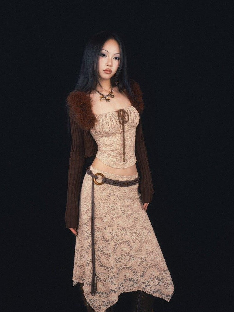SCCREBEL Deep Brown Fur Collar Patchwork Cropped Slim Fit Women's Polyester Cardigans
