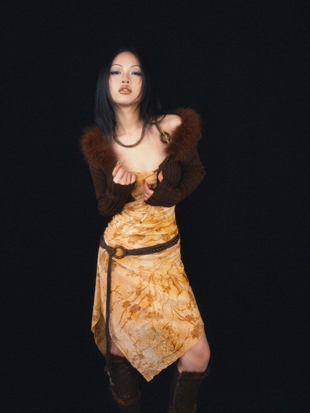 SCCREBEL Deep Brown Fur Collar Patchwork Cropped Slim Fit Women's Polyester Cardigans