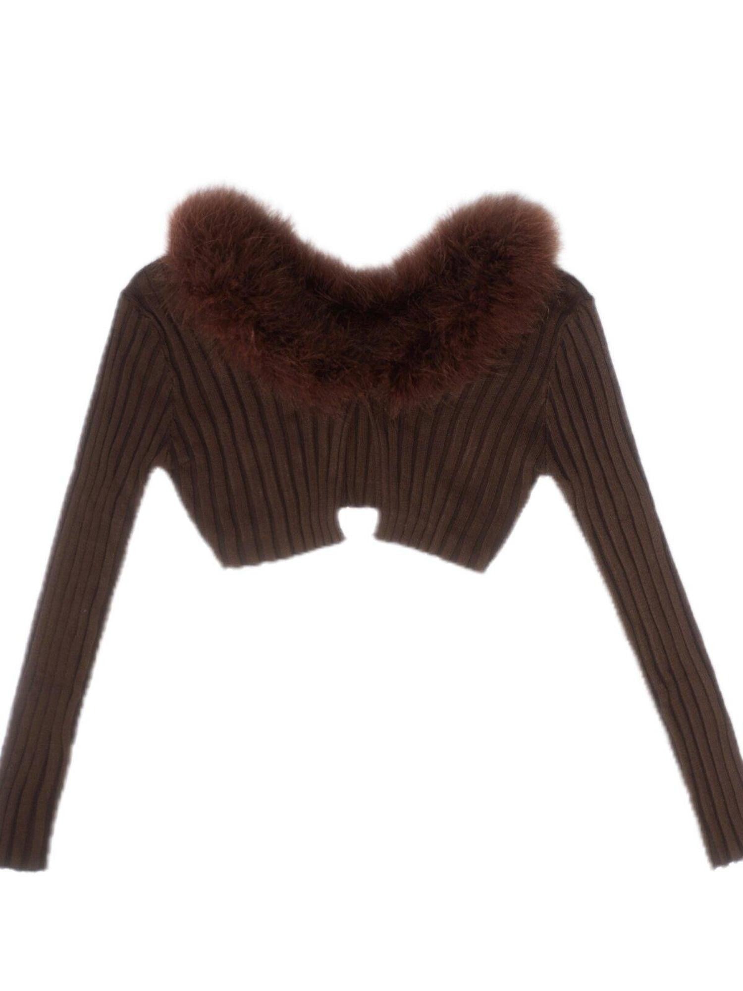 SCCREBEL Deep Brown Fur Collar Patchwork Cropped Slim Fit Women's Polyester Cardigans