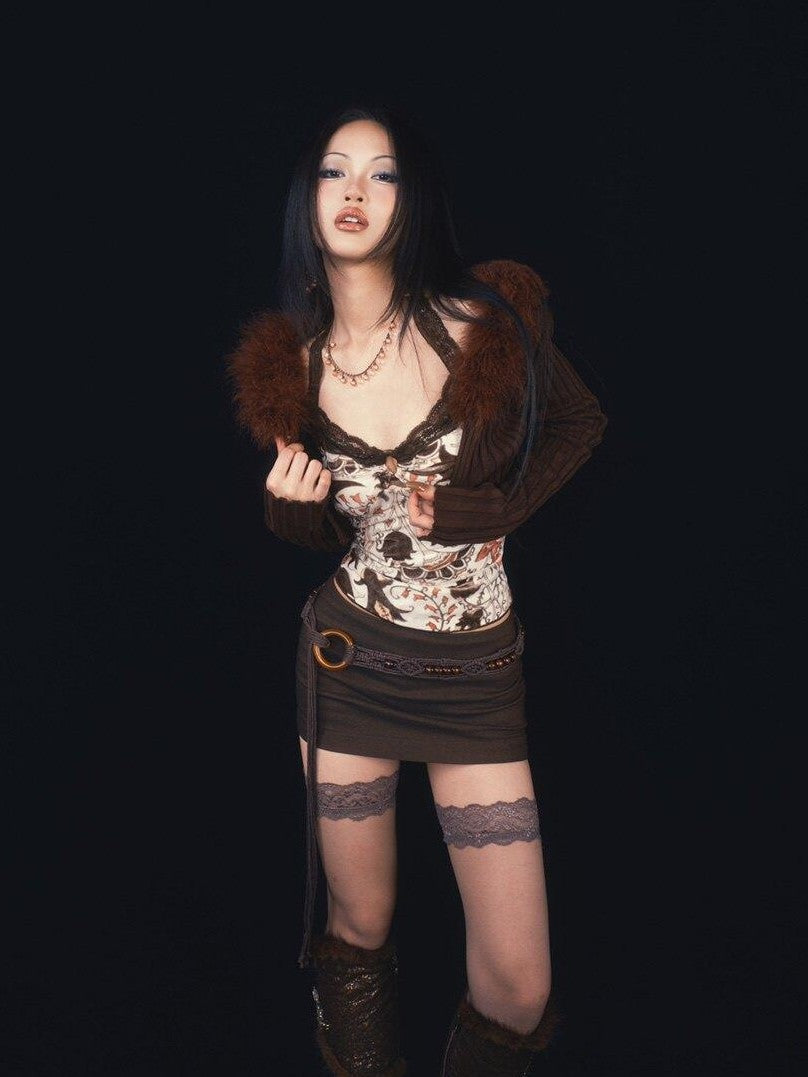 SCCREBEL Deep Brown Fur Collar Patchwork Cropped Slim Fit Women's Polyester Cardigans