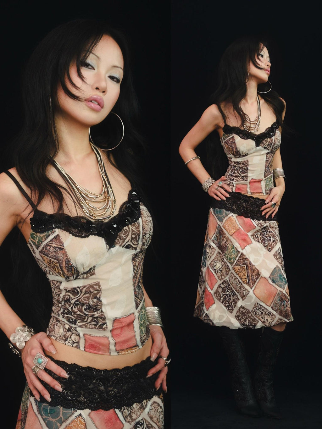 SCCREBEL East Asian Hand Beaded Patchwork Print V-neck Women's Lace Matching Skirt Sets