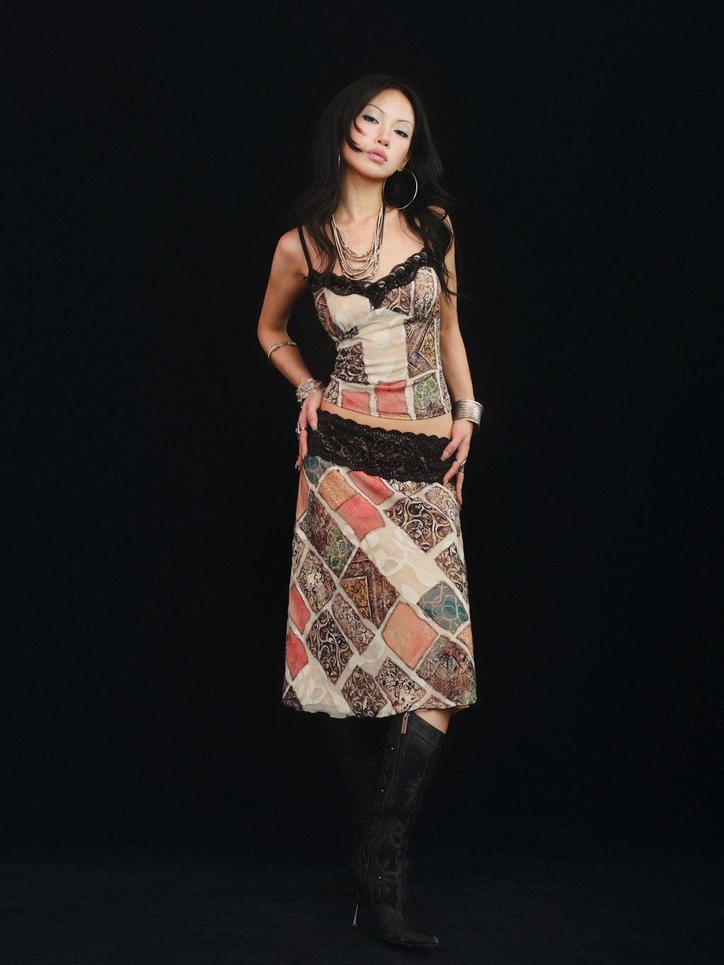 SCCREBEL East Asian Hand Beaded Patchwork Print V-neck Women's Lace Matching Skirt Sets