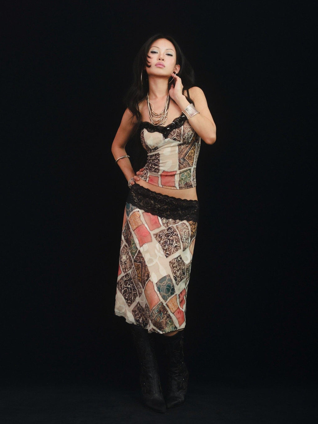 SCCREBEL East Asian Hand Beaded Patchwork Print V-neck Women's Lace Matching Skirt Sets