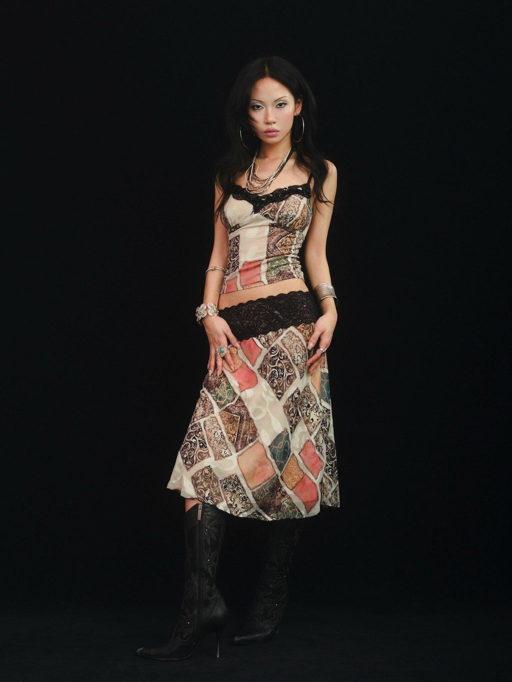 SCCREBEL East Asian Hand Beaded Patchwork Print V-neck Women's Lace Matching Skirt Sets
