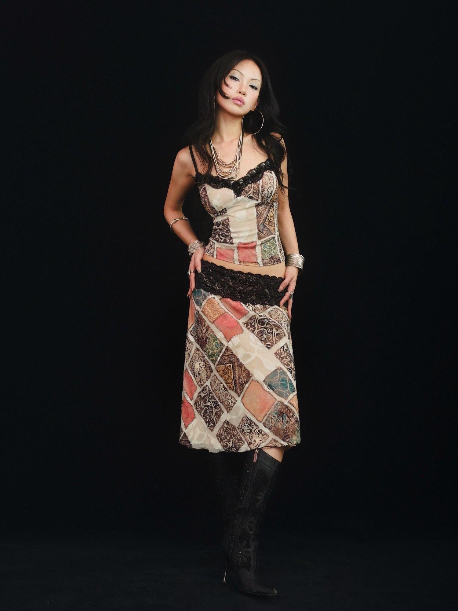 SCCREBEL East Asian Hand Beaded Patchwork Print V-neck Women's Lace Matching Skirt Sets