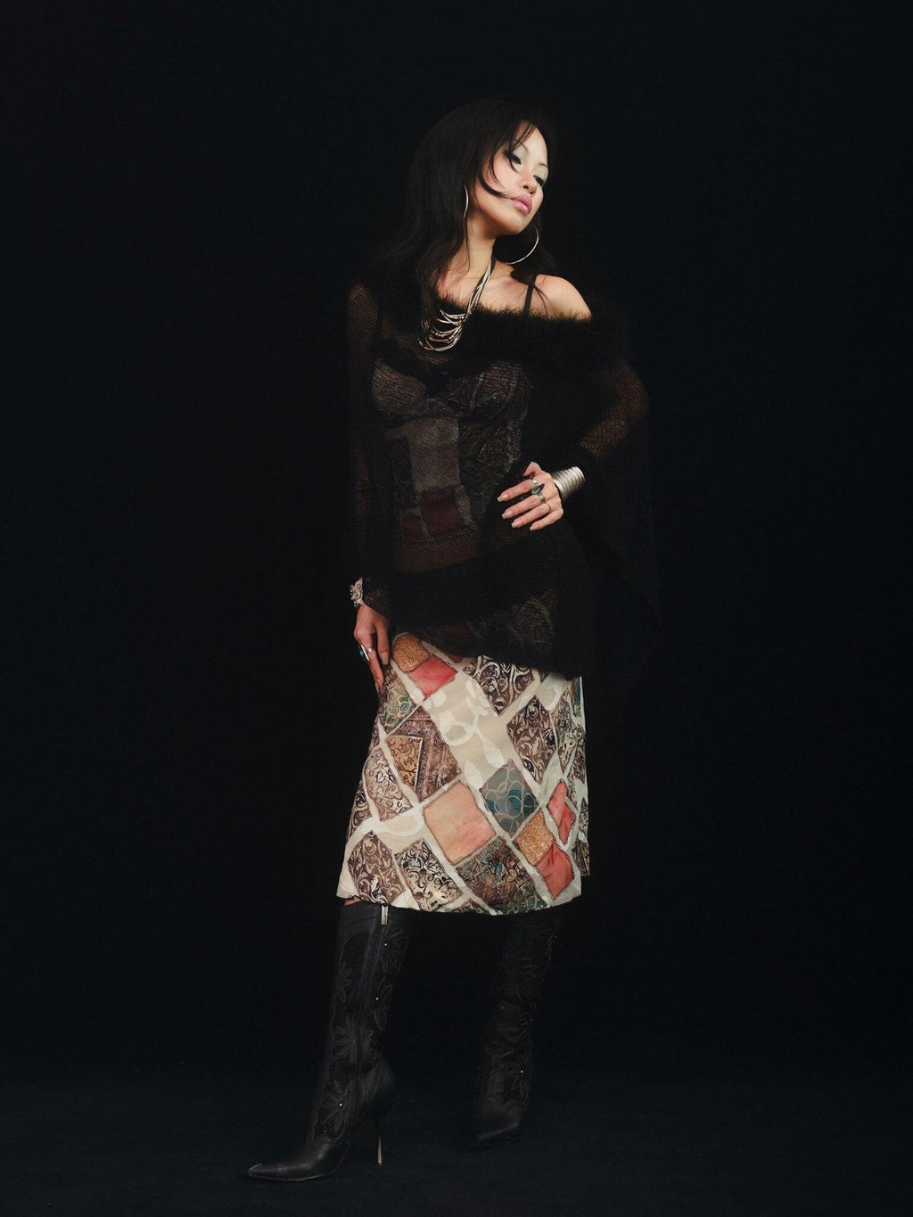 SCCREBEL East Asian Hand Beaded Patchwork Print V-neck Women's Lace Matching Skirt Sets