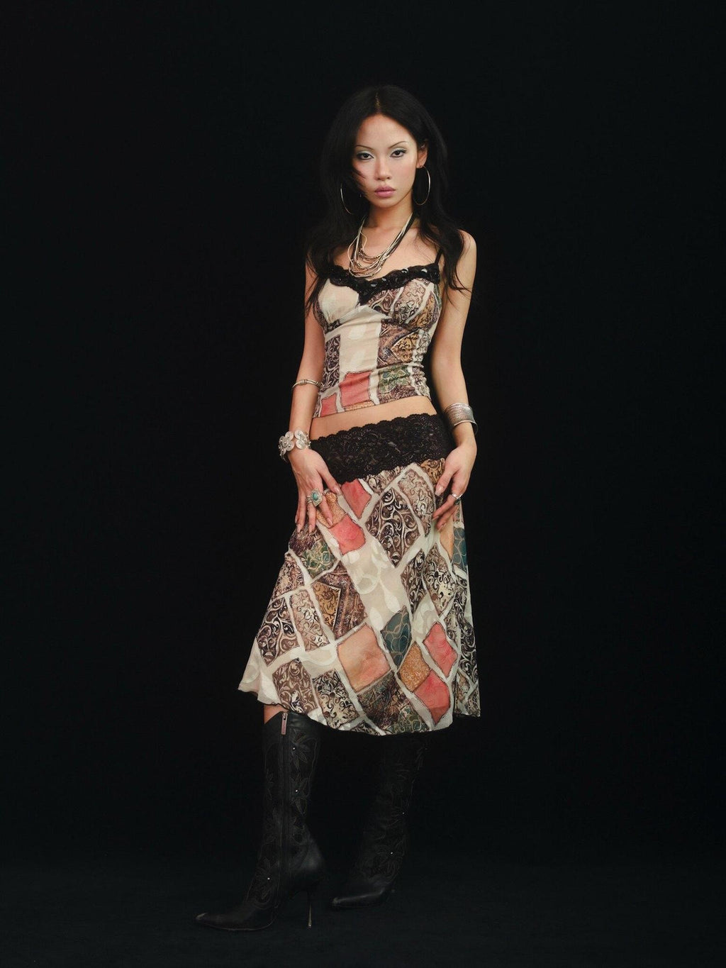 SCCREBEL East Asian Hand Beaded Patchwork Print V-neck Women's Lace Matching Skirt Sets
