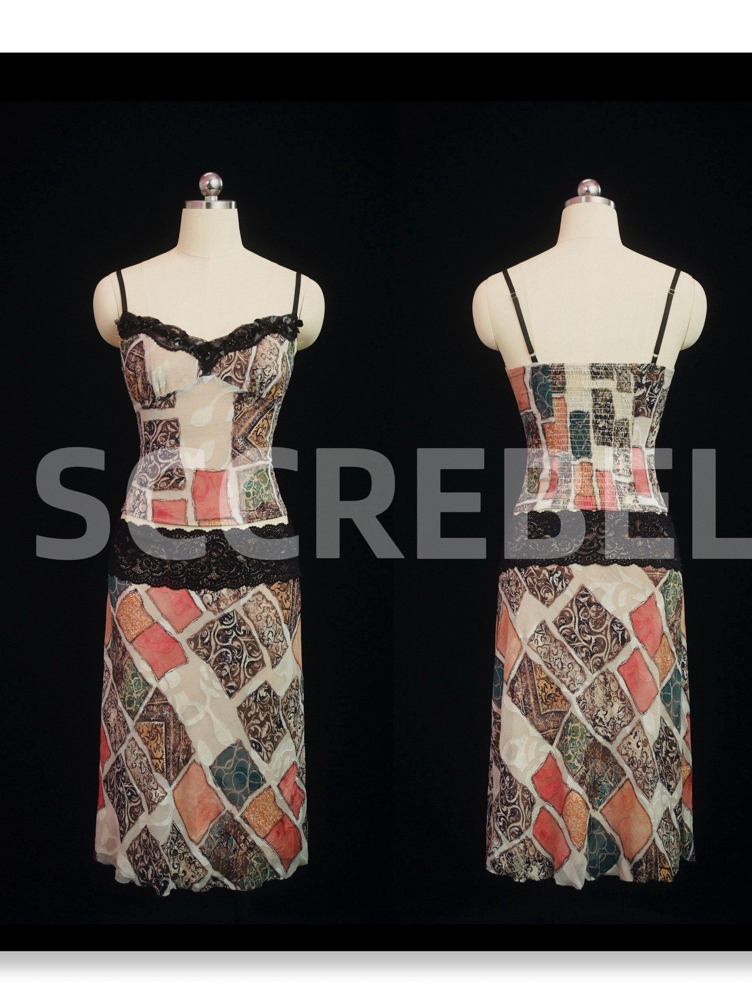SCCREBEL East Asian Hand Beaded Patchwork Print V-neck Women's Lace Matching Skirt Sets