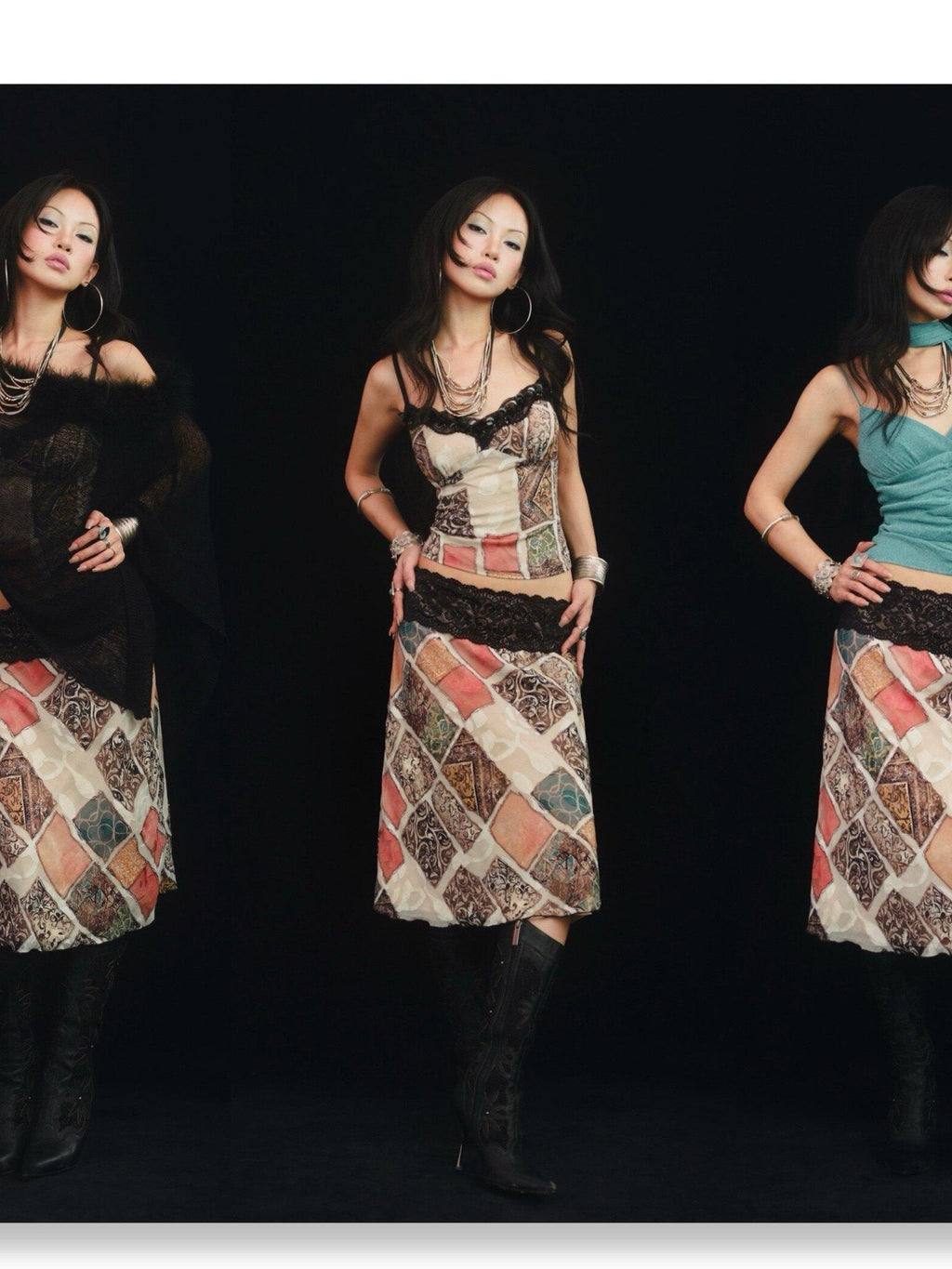 SCCREBEL East Asian Hand Beaded Patchwork Print V-neck Women's Lace Matching Skirt Sets