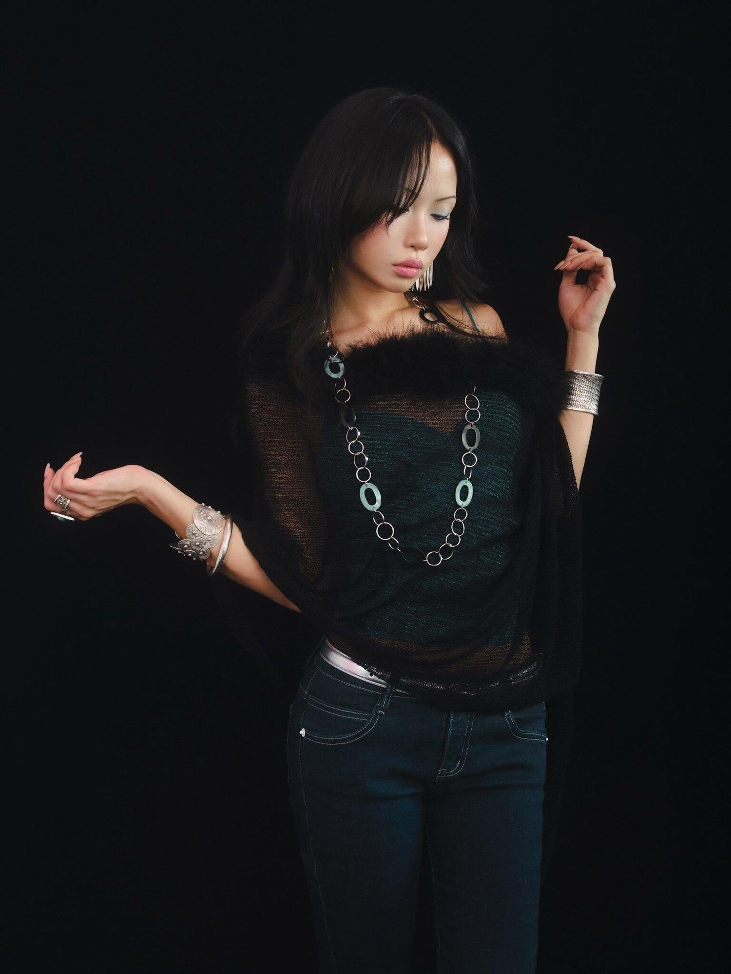 SCCREBEL East Asian Off Shoulder Open Knit Plush Cape Women's Polyester Tube Tops