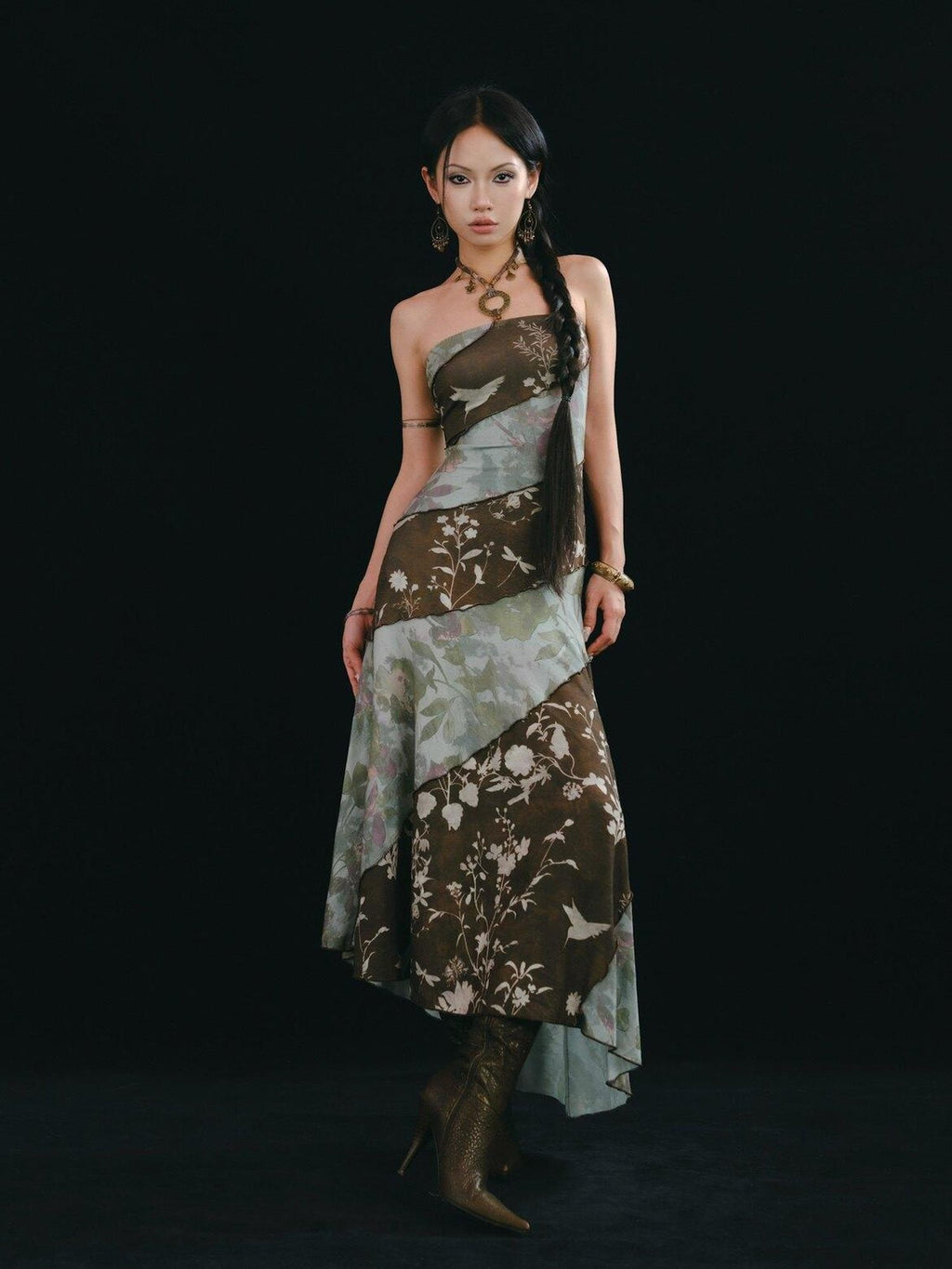 SCCREBEL Emerald Vintage Print Irregular Splice Women's Spandex Halter Midi Dresses